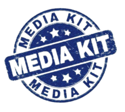 A blue, circular stamp with the words "Media Kit" repeated around the edges and a banner across the center with "Media Kit" on it, including stars around the circle.