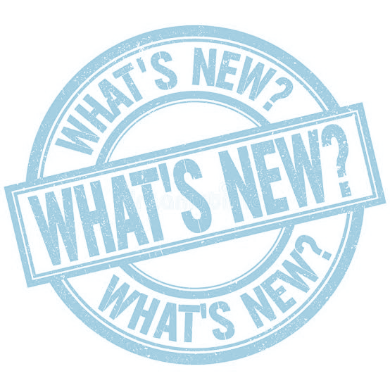 A light blue circular stamp with the text "What's New?" repeated three times around the circle and a rectangular banner across the middle with the same text, "What's New?"