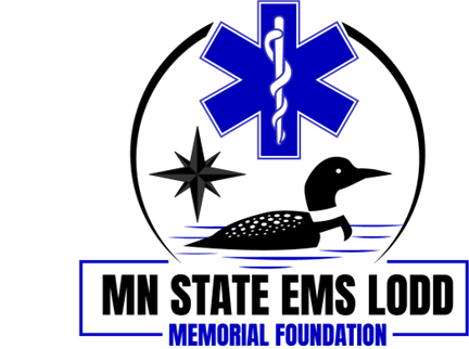 Logo of MN State EMS LODD Memorial Foundation featuring a blue medical emblem, a compass, a loon, and water elements.