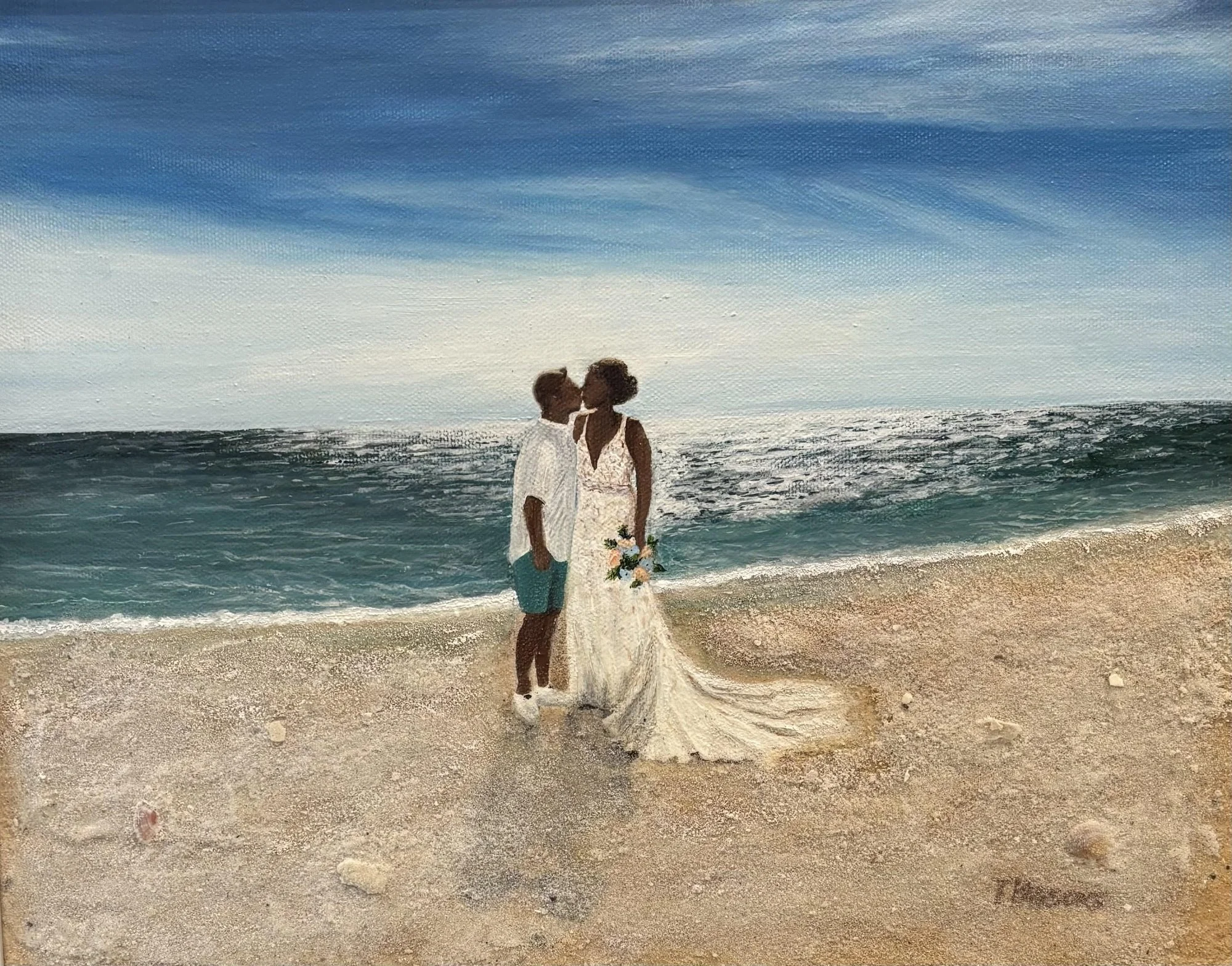 Title: T & M Wedding 
14 × 11 inches 
Acrylic / Mixed Media on stretched canvas

“T & M Wedding” reflects a heartfelt moment shared along the shoreline, where soft waves and warm light frame the couple in a gentle embrace. The mixed media texture enr