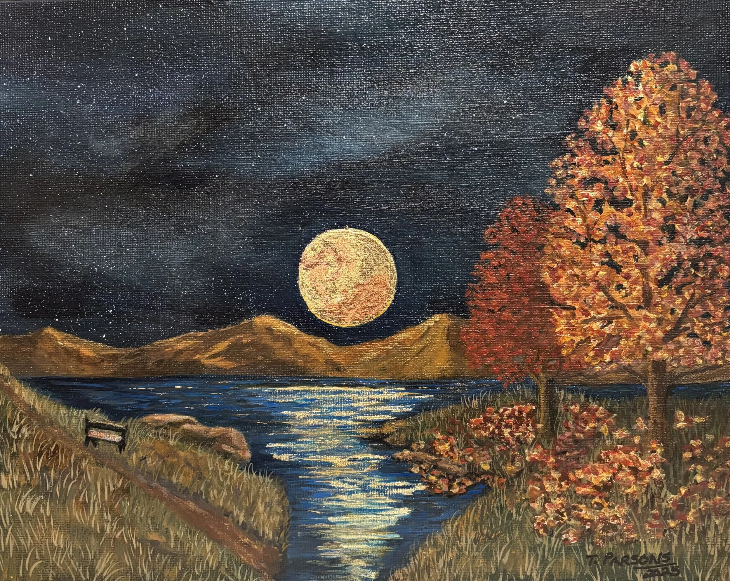 Title: Night of the Golden Light 
8 × 10 inches 
Acrylic and gold foil on wood panel

“Night of the Golden Light” captures the serene magic of a moonlit evening. A luminous full moon rises above the landscape, casting a shimmering path of gold across
