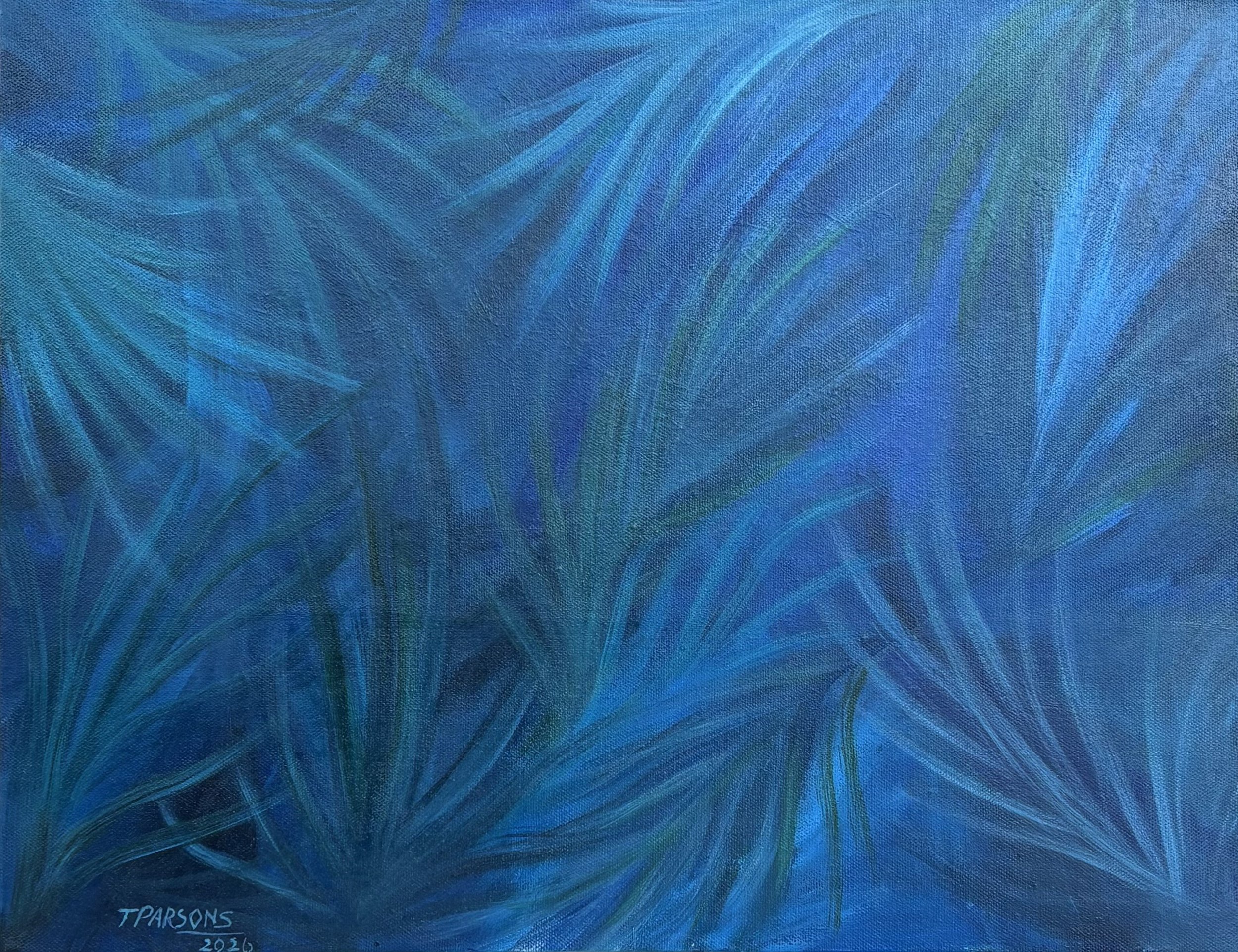 Whispers Beneath the Surface 
14 × 18 inches 
Acrylic on stretched canvas

A serene abstract study of movement and depth, where cool tones drift like quiet currents beneath the surface.