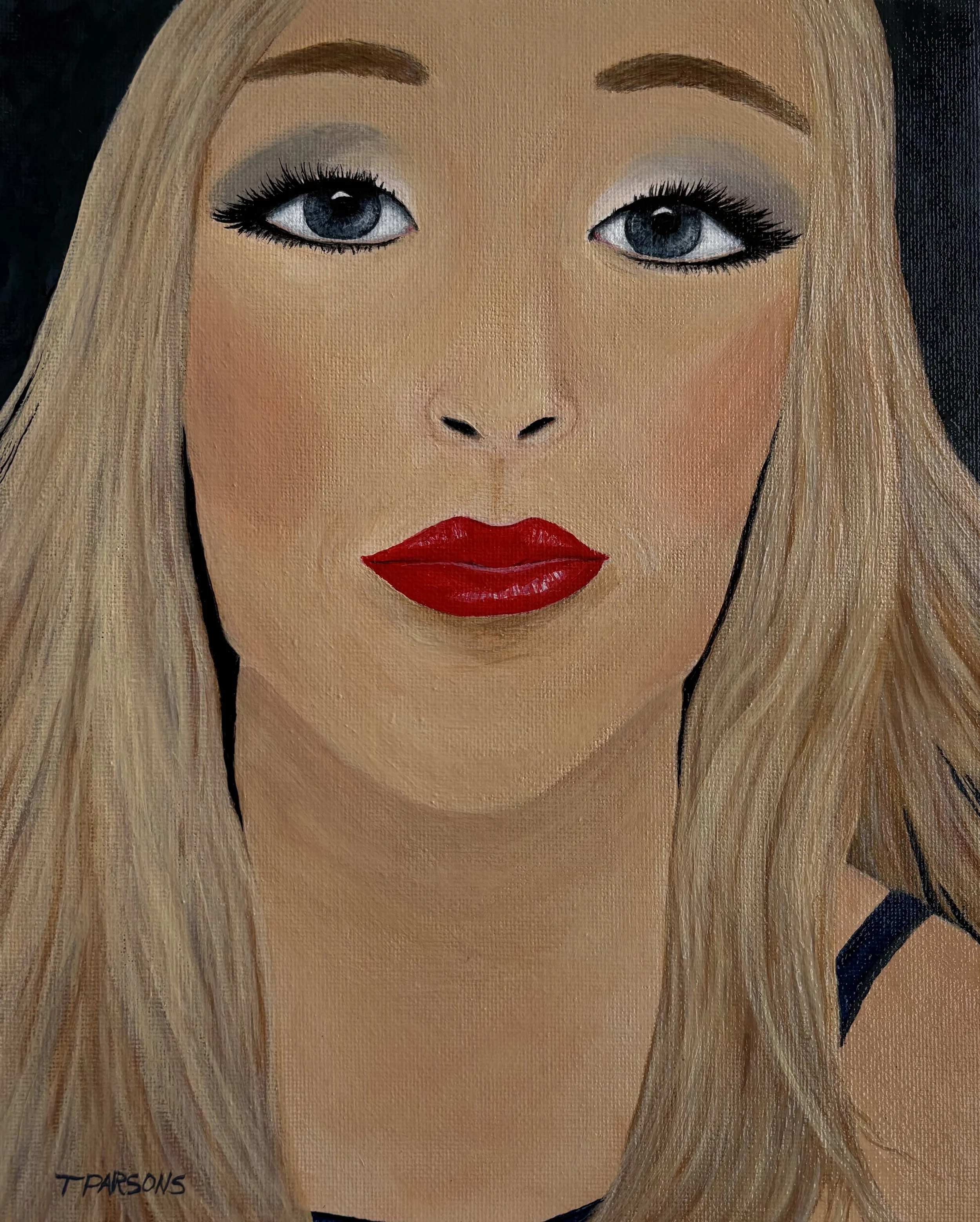 Title: The Weight of Her Gaze 
8 × 10 inches 
Acrylic on canvas panel

“The Weight of Her Gaze” captures a moment suspended between strength and vulnerability. Soft, layered acrylic transitions shape the contours of her face, while the deep backgroun