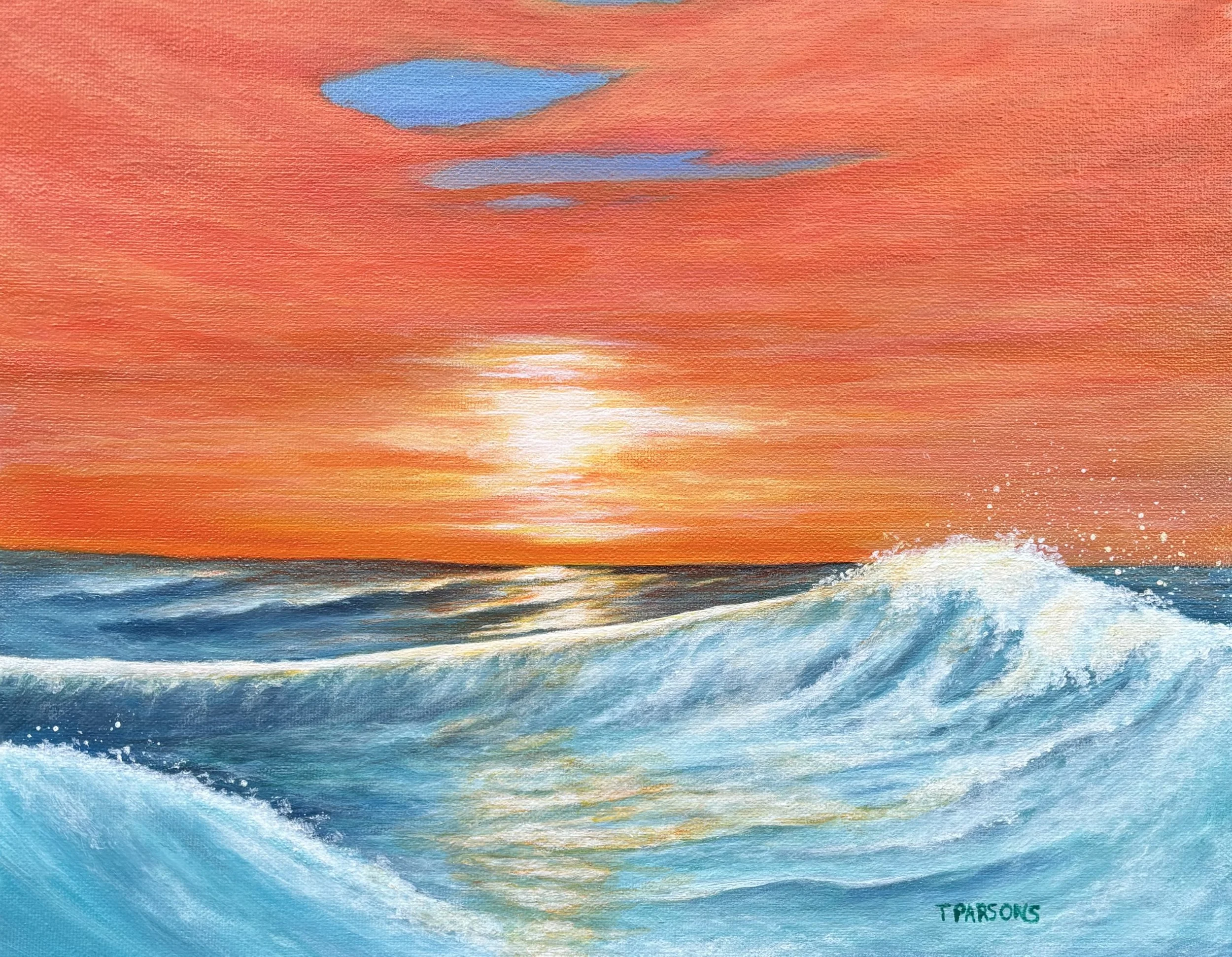 A colorful painting titled "Radiance" is of a sunset over the ocean with vivid orange, yellow, and blue hues and the artist's signature 'T. Parsons' in the bottom right corner.