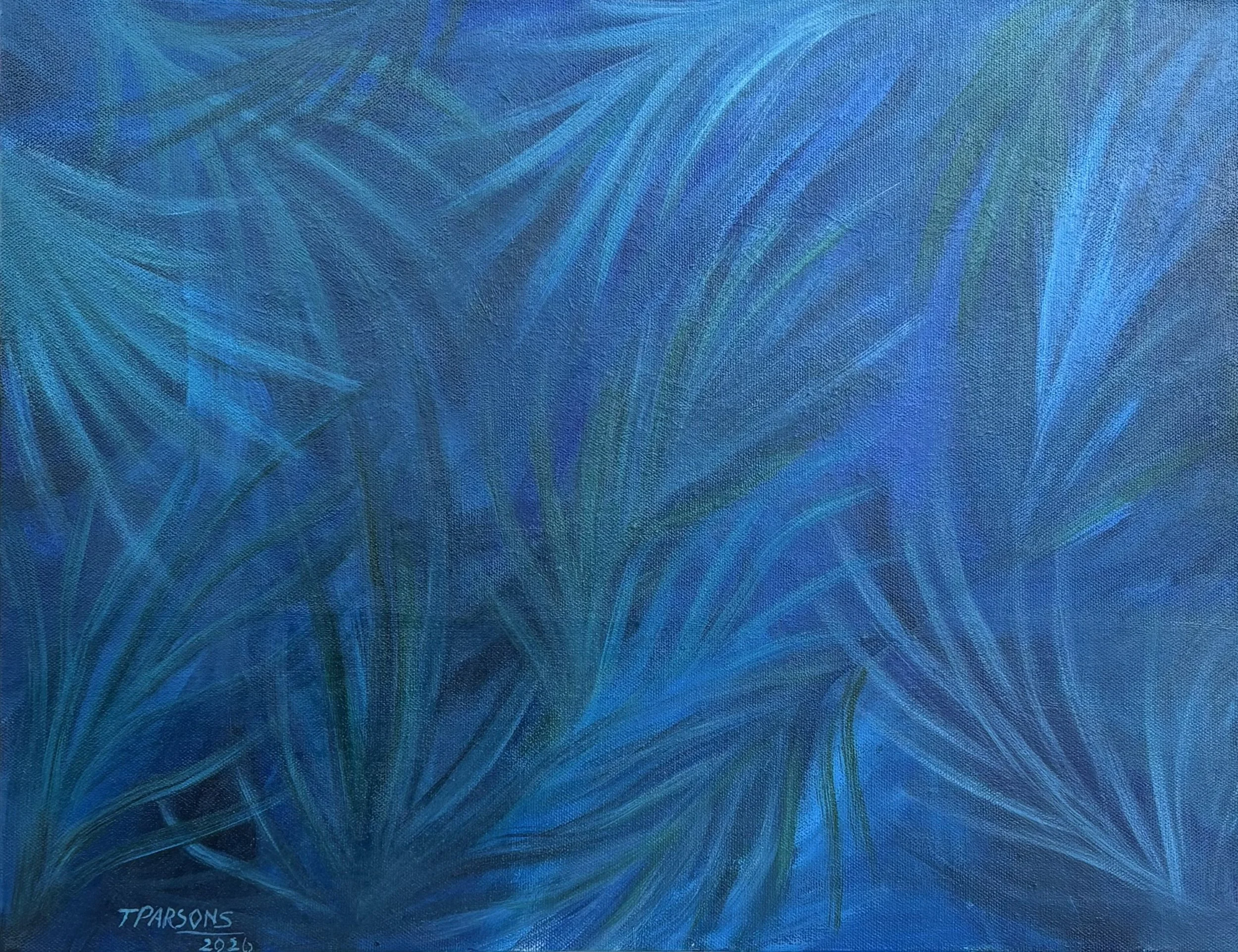 Title: Whispers Beneath the Surface  
14 × 18 inches
Acrylic on Stretched Canvas

Whispers Beneath the Surface drifts between calm and movement, inviting the viewer into a quiet, contemplative world. Soft layers of blues and greens flow across the ca
