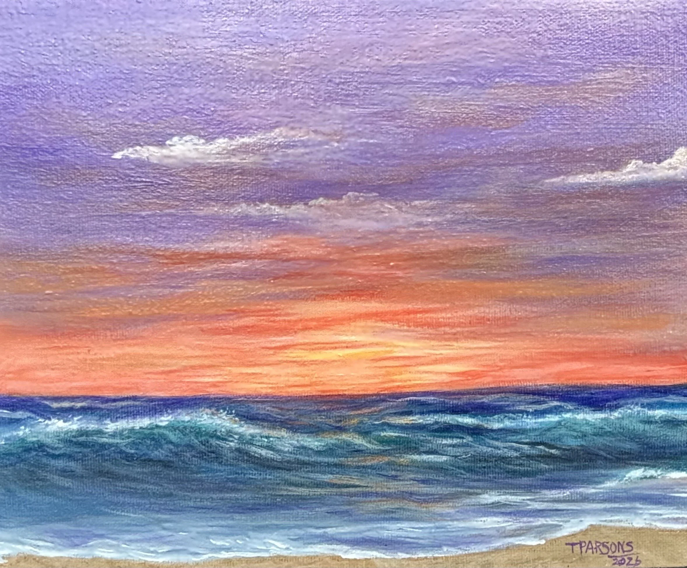 Title: Lavender Afterglow 
8 × 10 inches 
Acrylic on stretched canvas

“Lavender Afterglow” captures the quiet beauty of evening as soft purples, warm pinks, and fading gold gather along the horizon. Gentle waves roll toward the shore, their edges ca