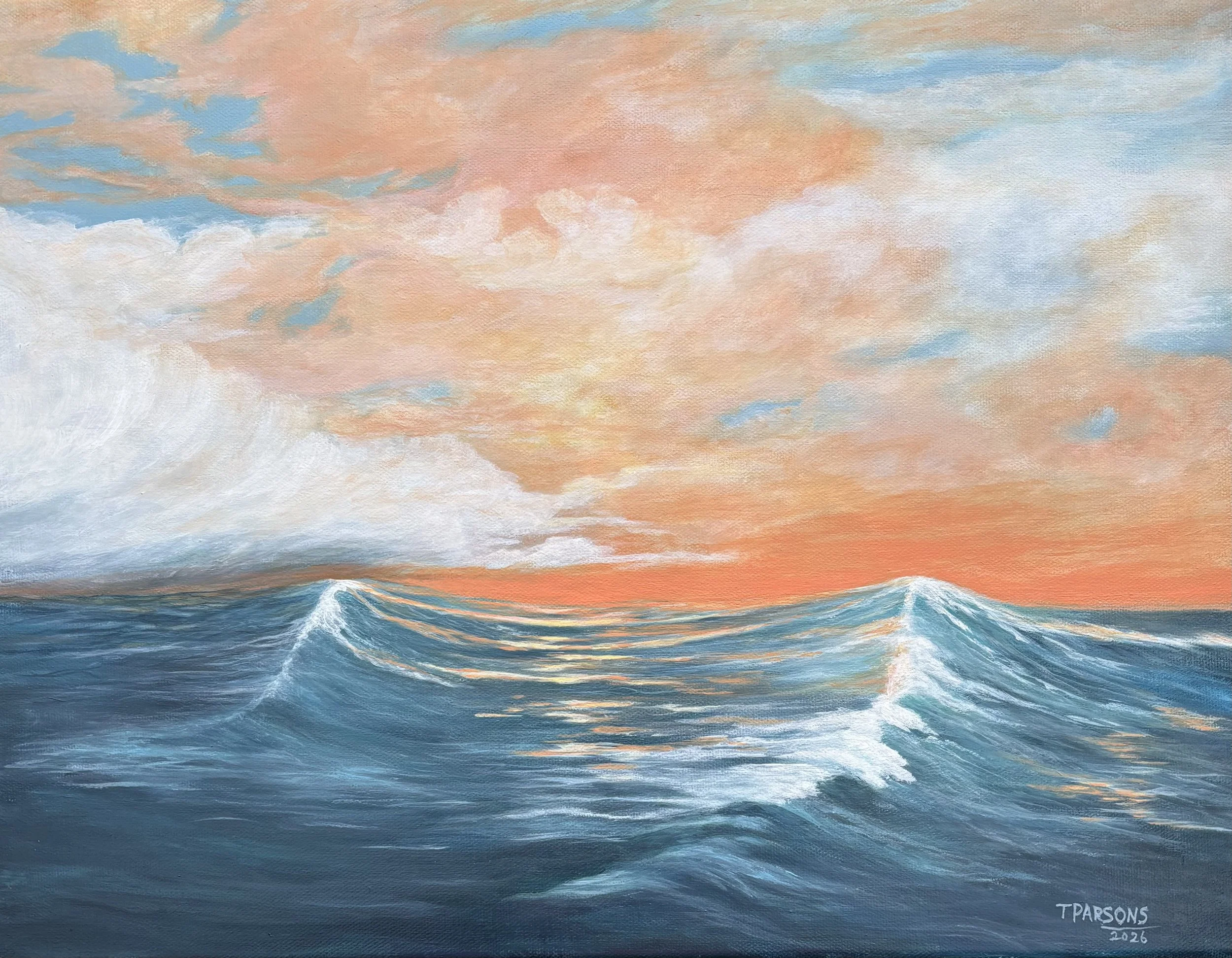A Luminous Stillness 
14 x 18 
Acrylic on stretched canvas

A quiet ocean moment suspended between movement and calm, illuminated by soft peach-gold light.

