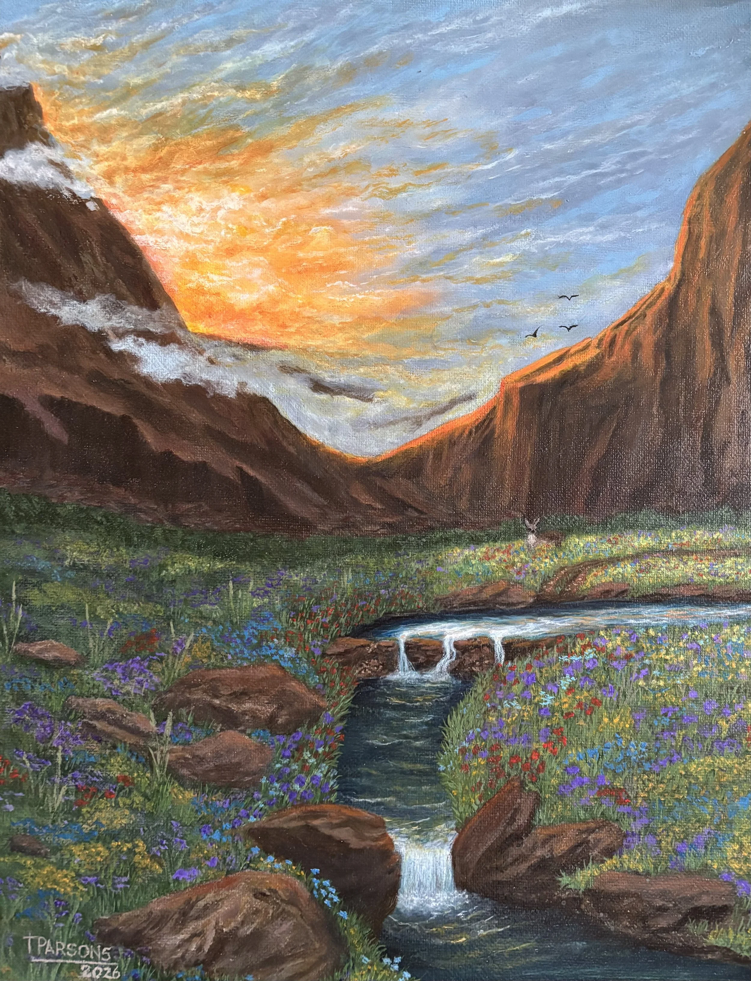 Title: Echoes of the Last Light

11 x 14 Inches
Acrylic on stretched canvas

“Echoes of the Last Light” reflects the gentle transition of evening as warm sunset hues settle across the rugged landscape. Soft gold and rose tones drift through the sky, 