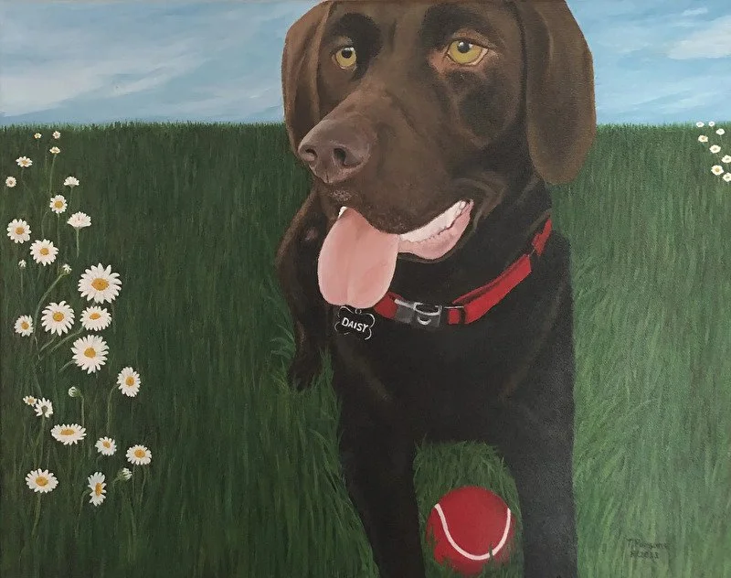 Title: Daisy  
16 × 20 inches
Acrylic on stretched canvas

A joyful portrait of Daisy, a Chocolate Lab whose gentle spirit shines through her bright eyes and playful expression. Painted with soft, layered acrylics, the piece captures her favorite mom