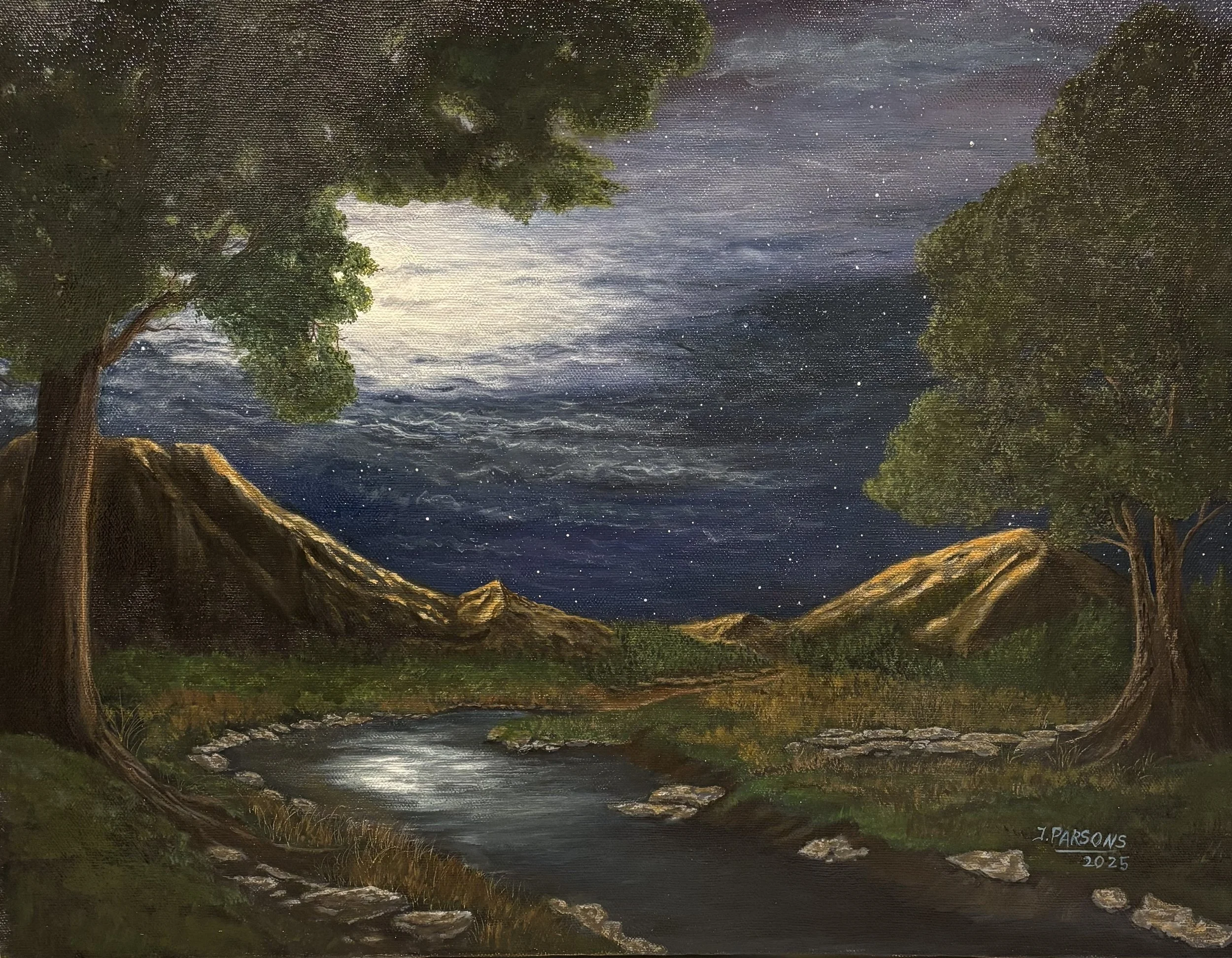 Whispers of the Moon 
14 × 18 inches 
Acrylic on stretched canvas

A serene moonlit landscape where quiet light drifts across water, mountains, and shadowed trees.