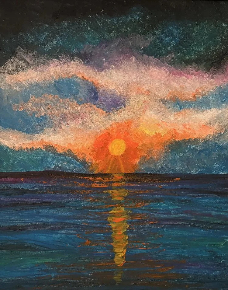 An impressionistic painting titled "Chasing Sunsets and Dreams" shows a sunset over the ocean, with the sun reflecting on the water and colorful clouds in the sky.