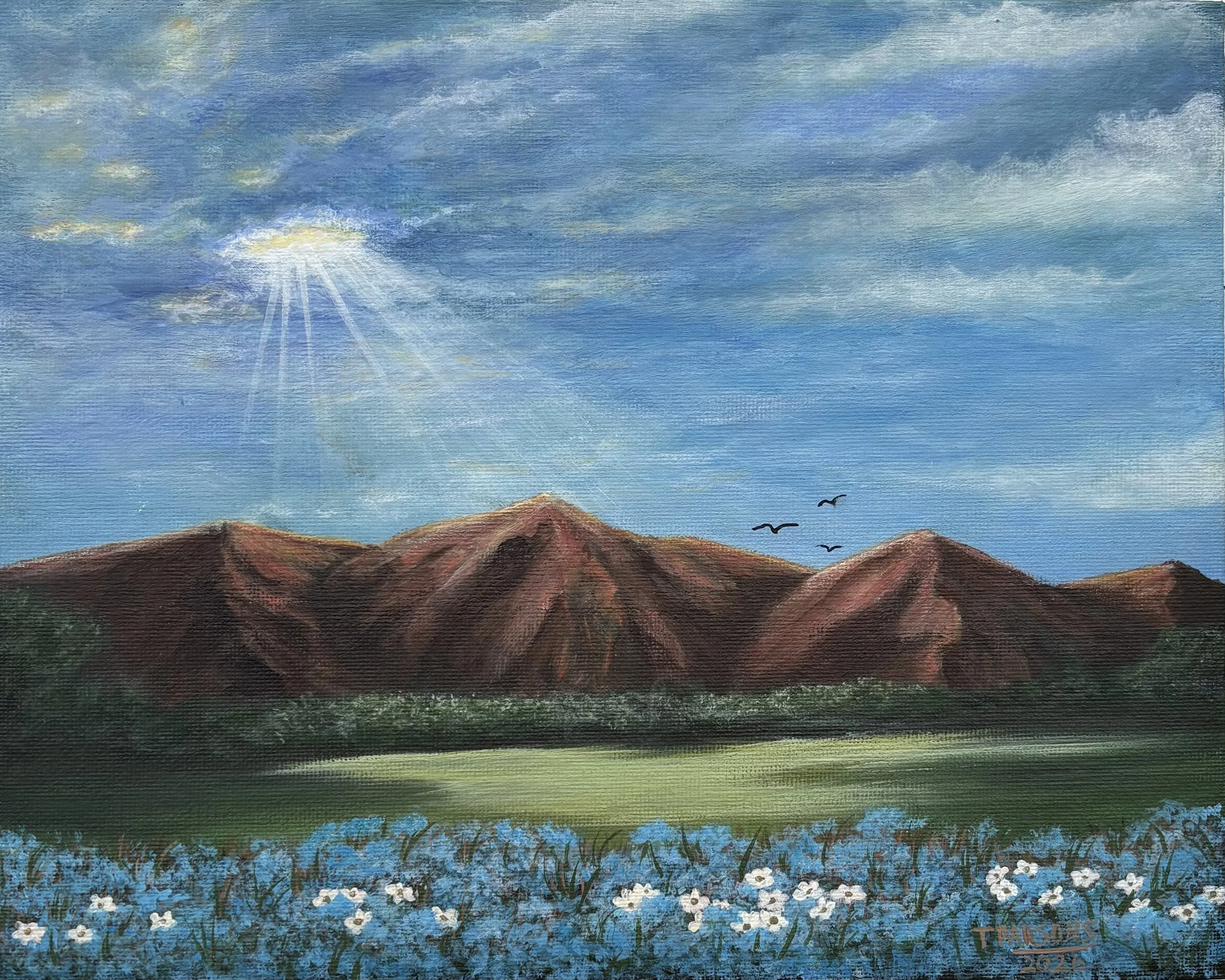 Title: Heaven’s Light on the Ridge 
8 × 10 inches 
Acrylic on canvas panel

“Heaven’s Light on the Ridge” captures the breathtaking moment when sunlight pours through an opening in the clouds, casting a warm glow across the rugged red-brown ridge. So