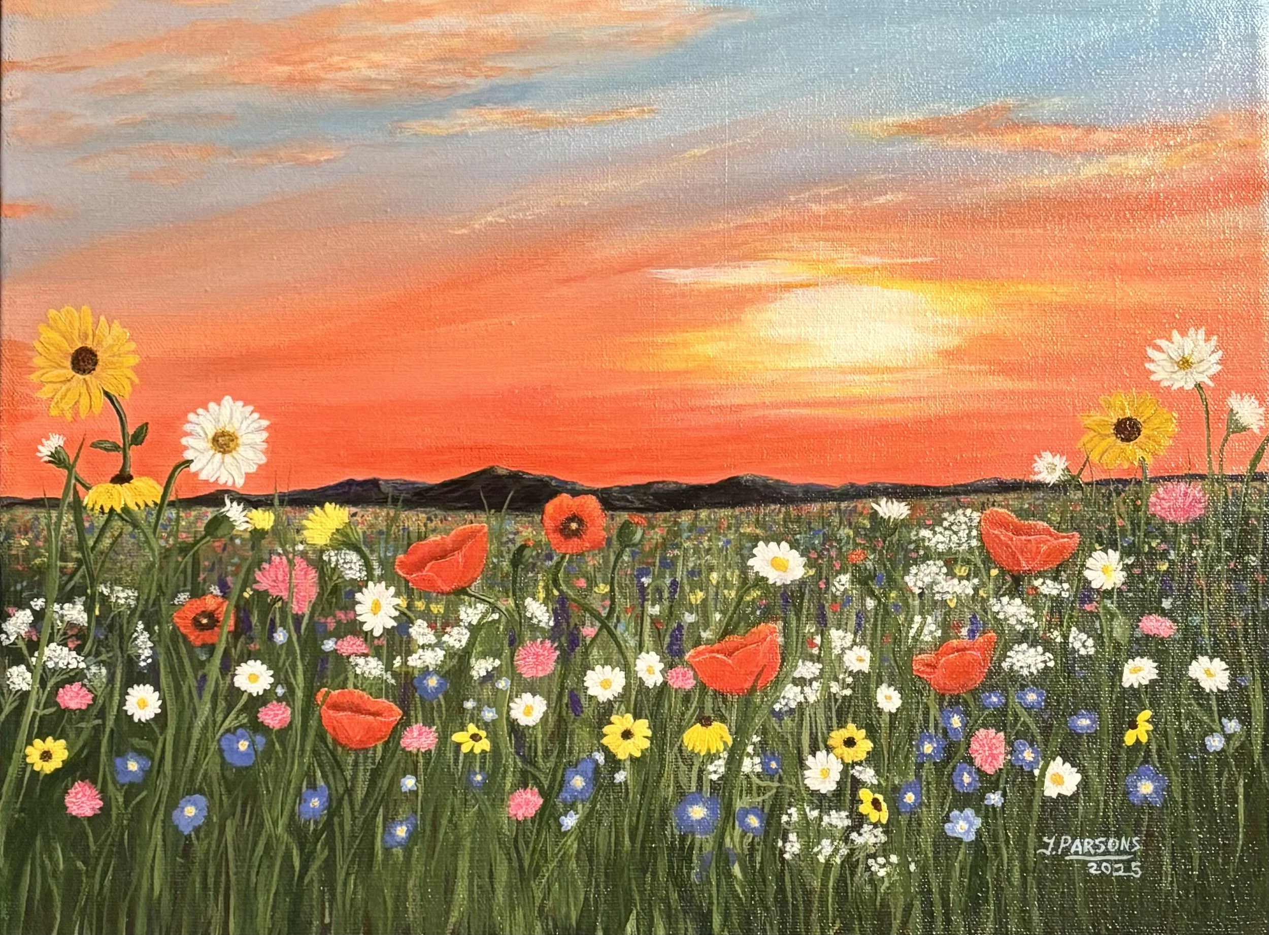 Title: Where the Wildflowers Dance 
12 × 16 inches 
Acrylic on stretched canvas

“Where the Wildflowers Dance” captures the joyful energy of a meadow alive with color. Bold reds, soft whites, golden yellows, and delicate blues rise from lush green gr