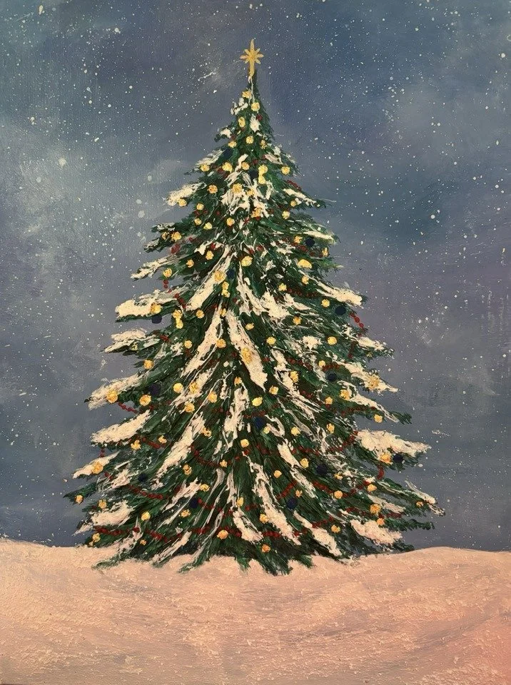 Title: Winter Solstice 
8 × 10 inches 
Textured acrylic on wood panel

“Winter Solstice” captures the peaceful magic of a snowy winter night. A lone Christmas tree stands bright and joyful, its branches dusted with fresh snow and adorned with colorfu