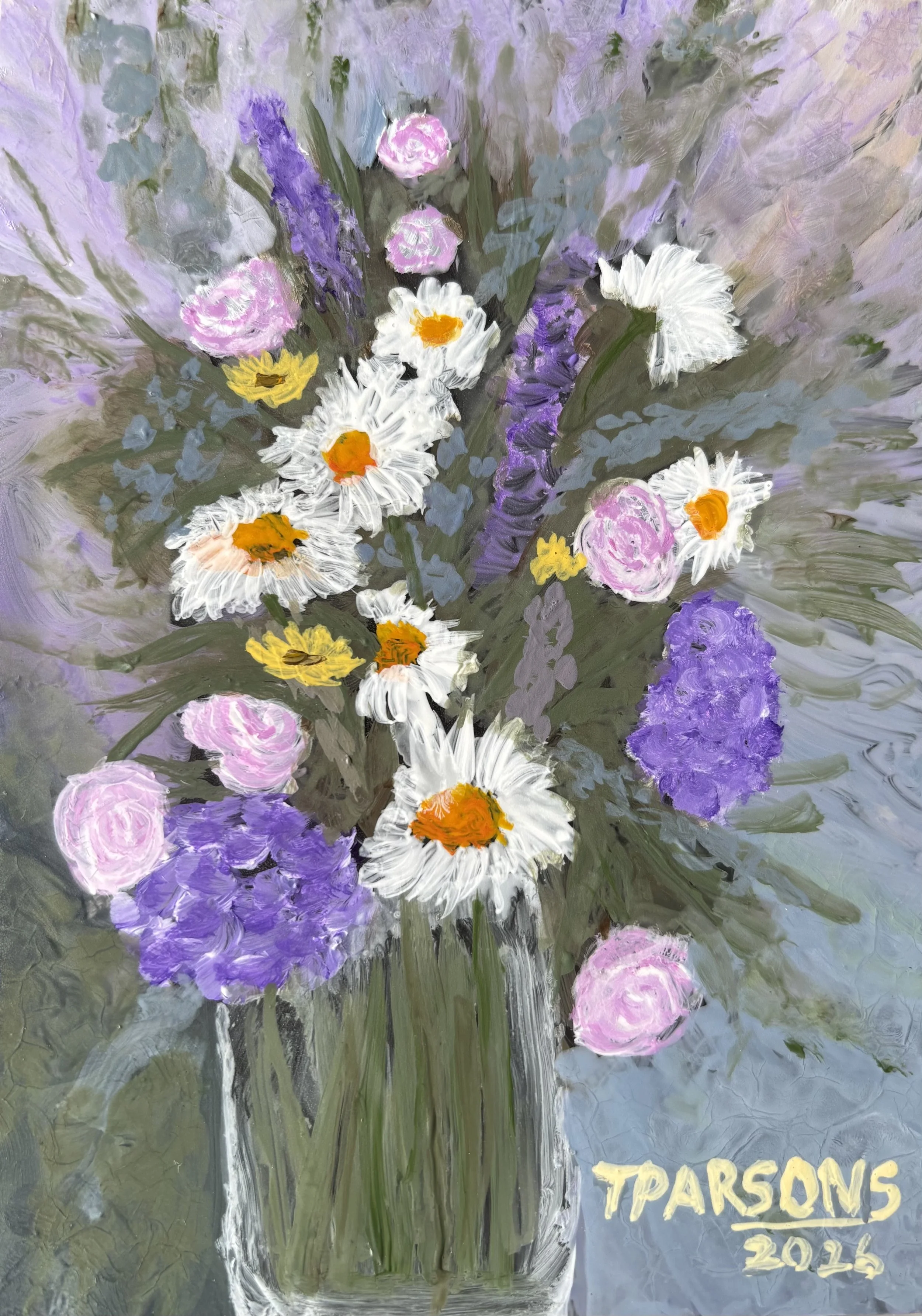 Title: Whispers of the Vase  
6.25 x 4.75 inches (Framed)  
Acrylic on Glass

Whispers of the Vase, part of my Painted on Glass — Whisper Series, was inspired by quiet floral moments that feel as though they’re holding a secret. Soft blossoms leaning
