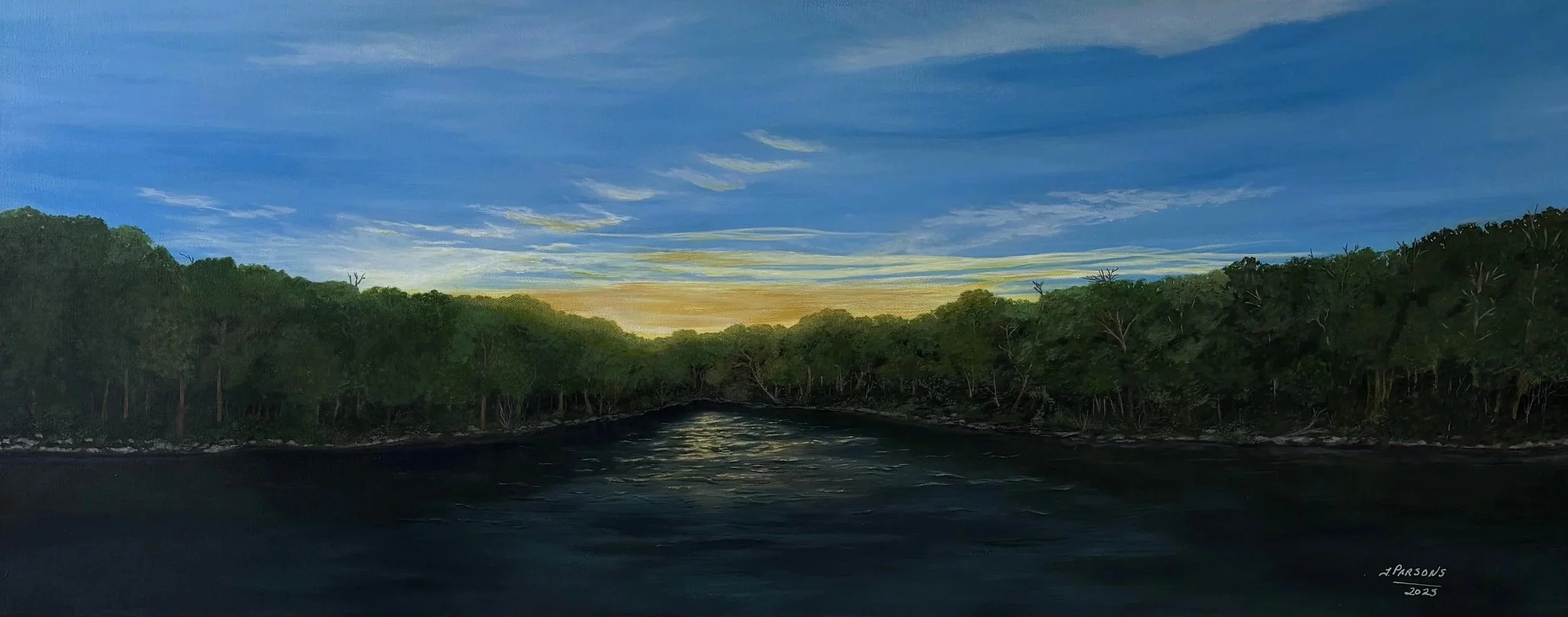A painting titled "The Magical Cartwheel Cove," a lake flowing through a forest with a sunset sky in the background, featuring blue, yellow, and orange clouds. The painting is signed in the bottom right corner by T. Parsons.