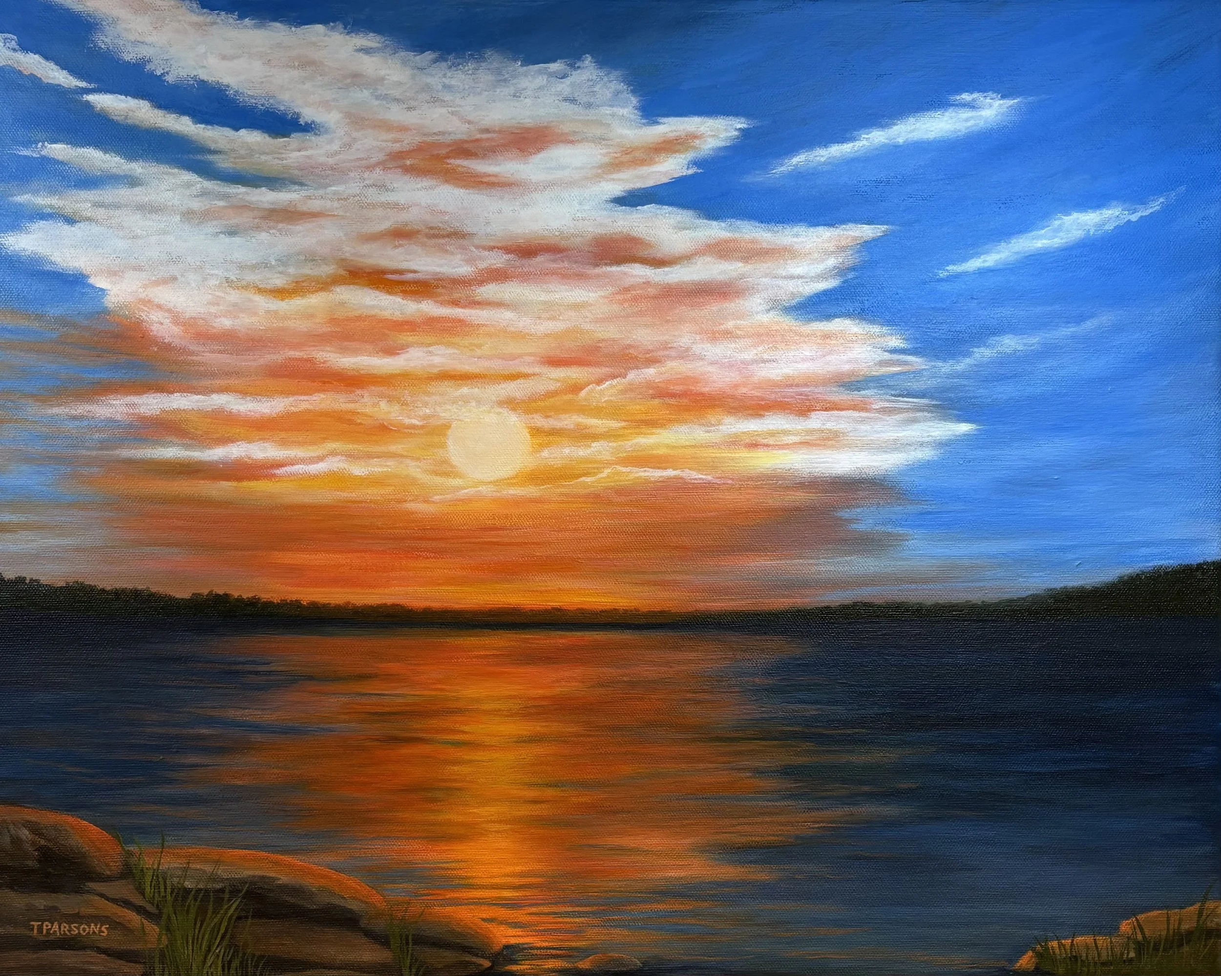 The Day’s Last Embrace 
16 × 20 inches 
Acrylic on stretched canvas

A warm, glowing sunset reflected across quiet water, capturing the final light of day in a peaceful embrace.