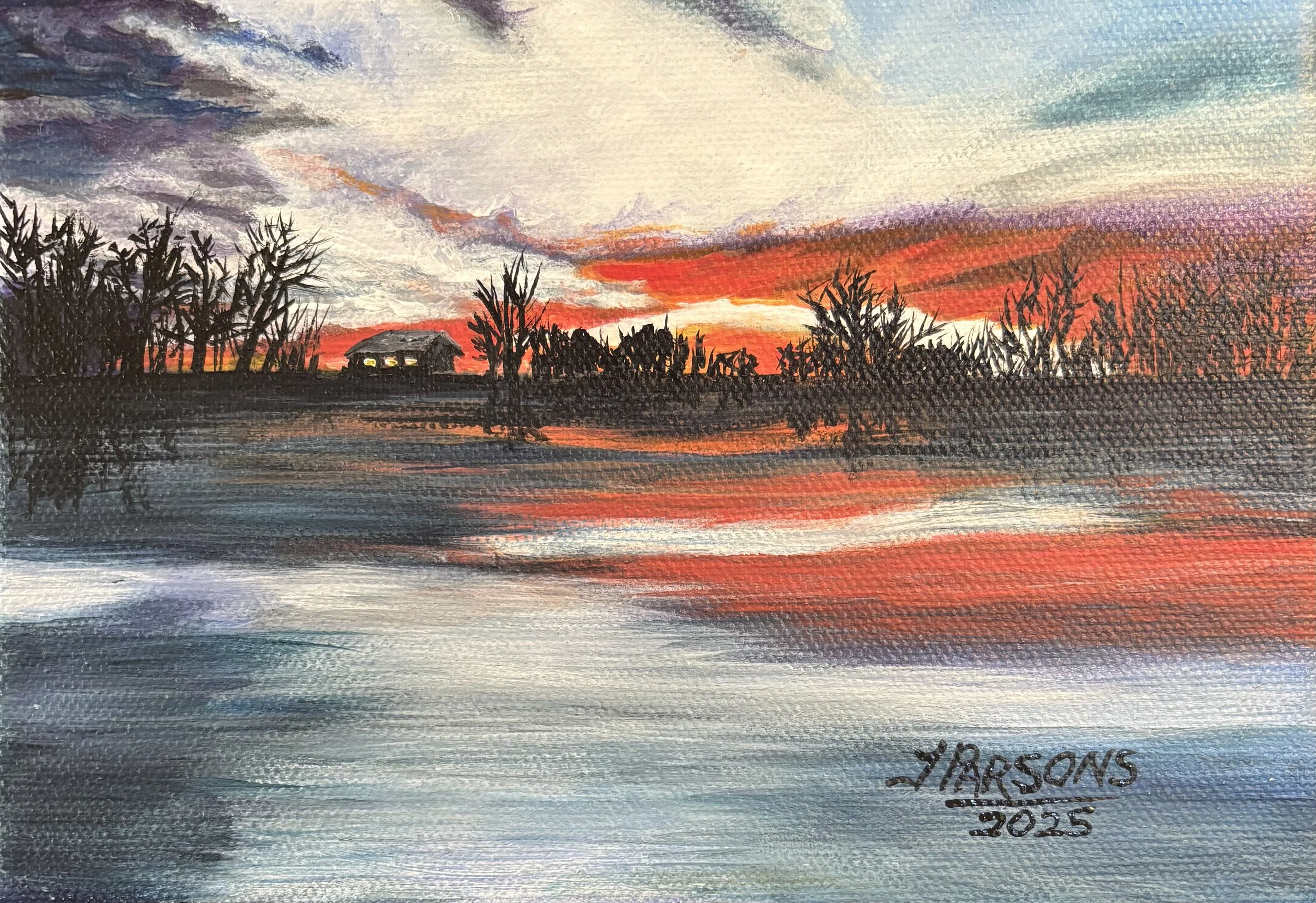 Title: Afterglow 
5 × 7 inches 
Acrylic on stretched canvas

“Afterglow” captures the final warmth of day as rich hues of red, gold, and violet settle across the sky. Bare trees and a distant house form a quiet silhouette along the horizon, their sha
