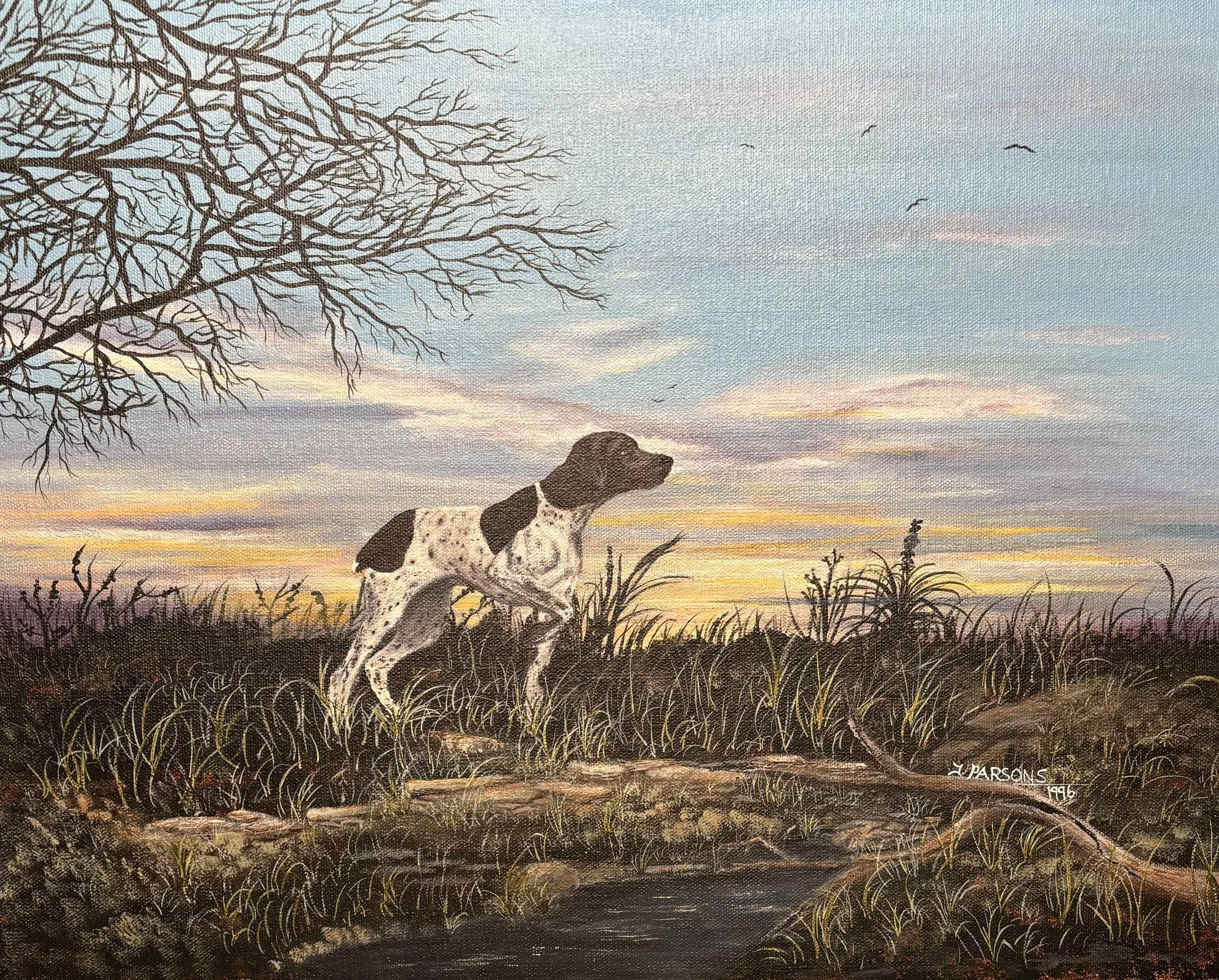 Title: The Hunt 
14 × 18 inches 
Acrylic on stretched canvas

“The Hunt” captures a poised and timeless moment in the fading light of day. A focused hunting dog stands alert in the tall grasses, its stance filled with instinct and intention. Warm hue