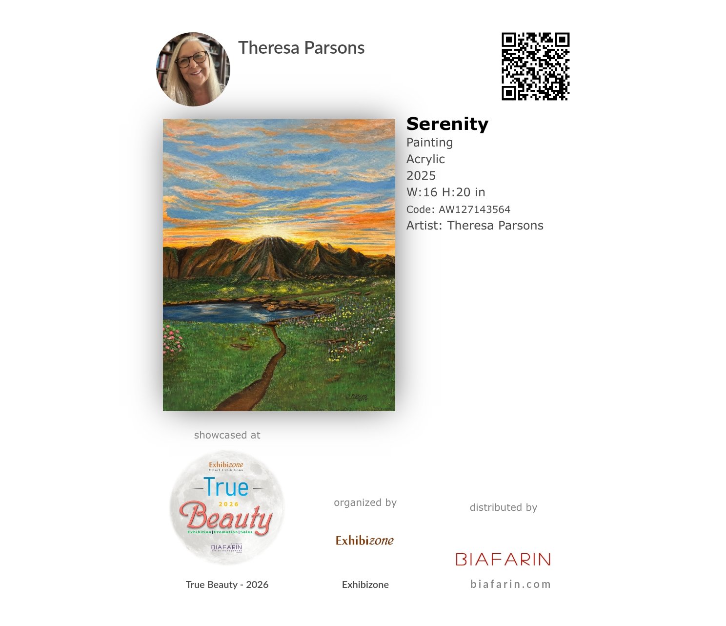 A digital screenshot of an art gallery display identifies Theresa Parsons' painting titled Serenity. The painting depicts a landscape with mountains, a small lake, a grassy foreground, and a vibrant sunset sky with clouds.