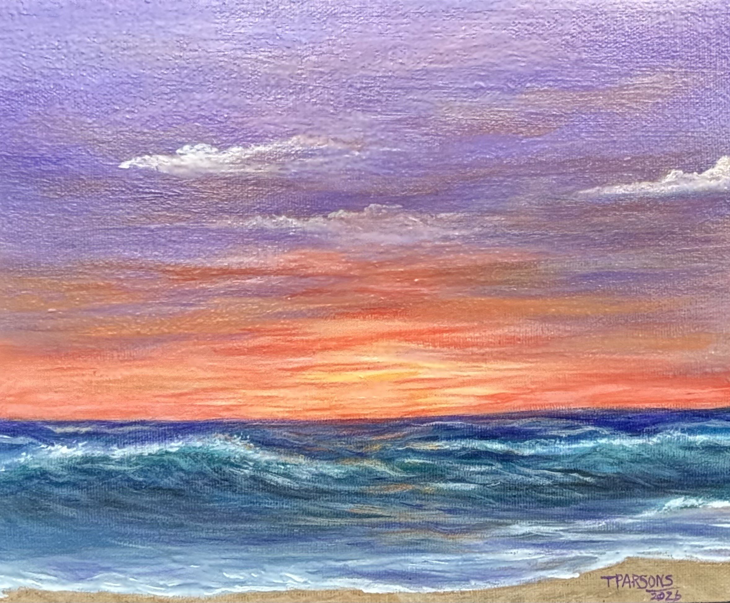 A colorful painting of a seascape at sunset with layers of blue, purple, pink, orange, and yellow hues in the sky and water. The artist's signature, T. Parsons, and the year 2023 are visible in the bottom right corner.
