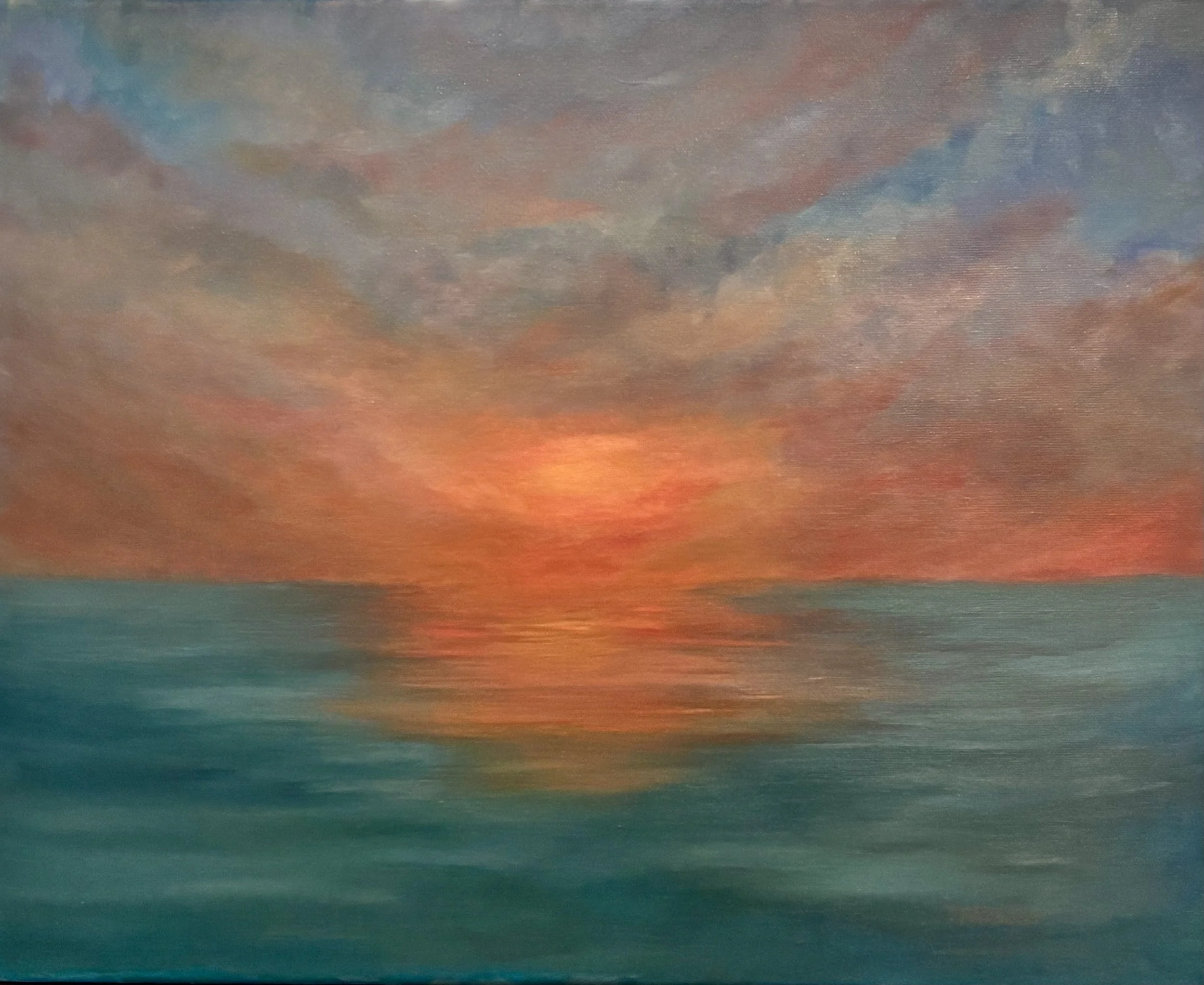A painting titled Luminous Drift, showing a colorful sunset sky with pink, orange, purple, and blue clouds. The painting is signed in the bottom right corner by T. Parsons.
