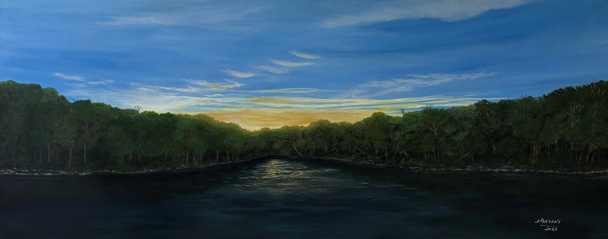 Title: The Magical Cartwheel Cove 
16 × 40 inches 
Acrylic on stretched canvas

“The Magical Cartwheel Cove” captures the serene beauty of a lake at sunset, where warm golden light gathers along the horizon and reflects softly across the water. Dense