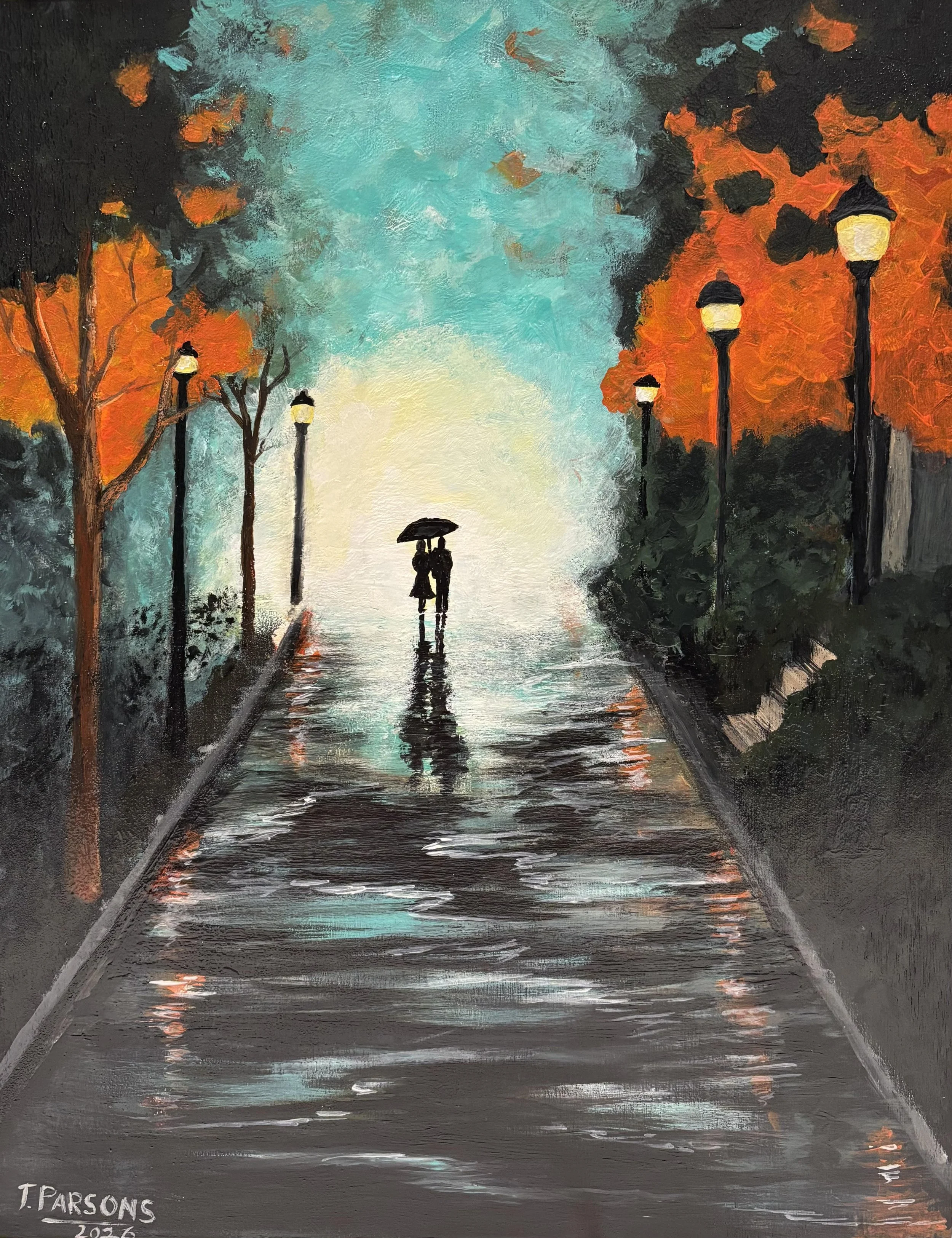 Title: Just the Two of Us 
8 × 10 inches 
Acrylic on wood panel

“Just the Two of Us” captures the quiet intimacy of a rainy evening stroll. Autumn trees glow with rich oranges and reds as lamplight reflects across the wet pavement, creating a lumino