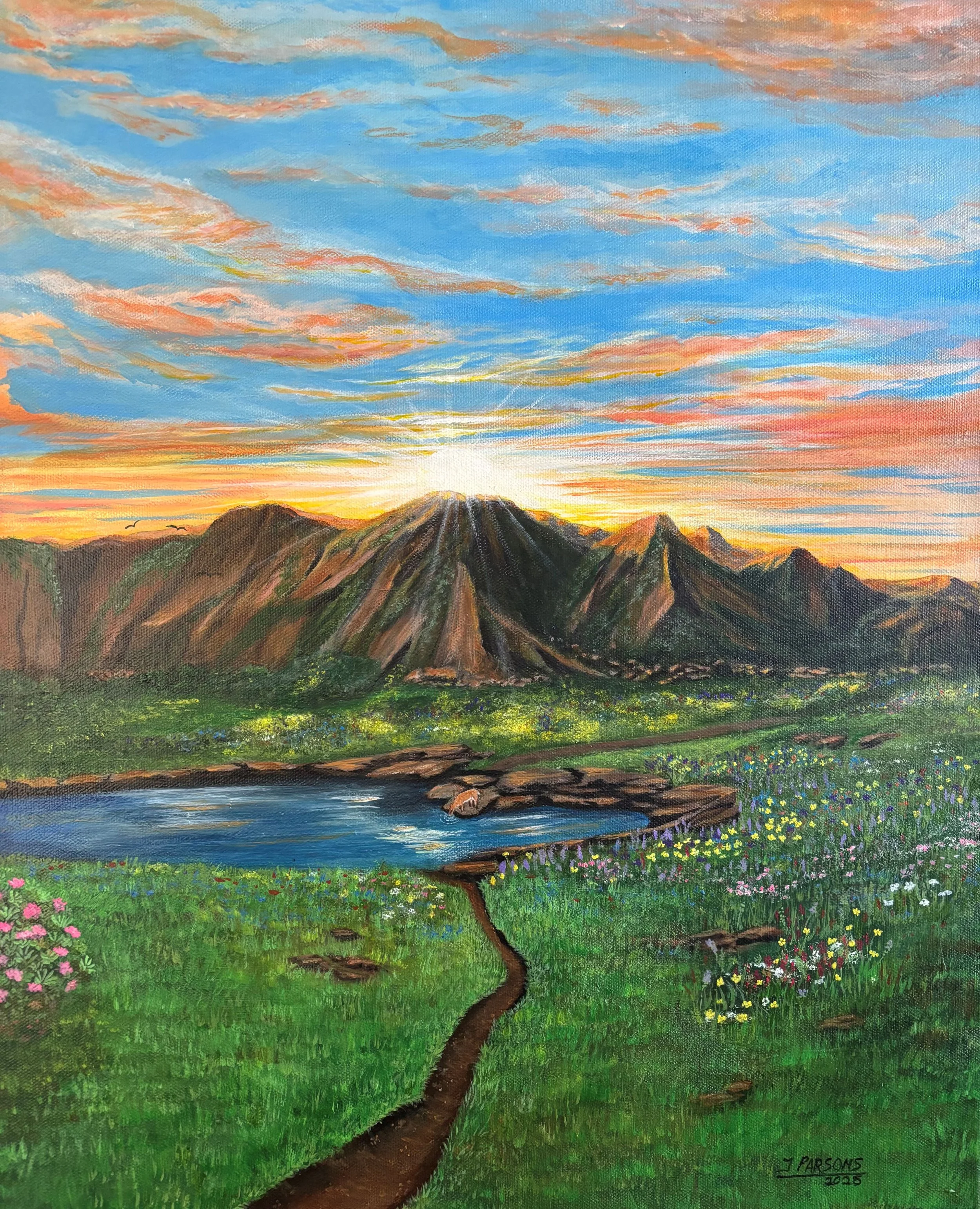 Serenity 
20 × 16 inches 
Acrylic on stretched canvas

A peaceful landscape glowing with soft evening light, inviting a quiet moment of reflection.