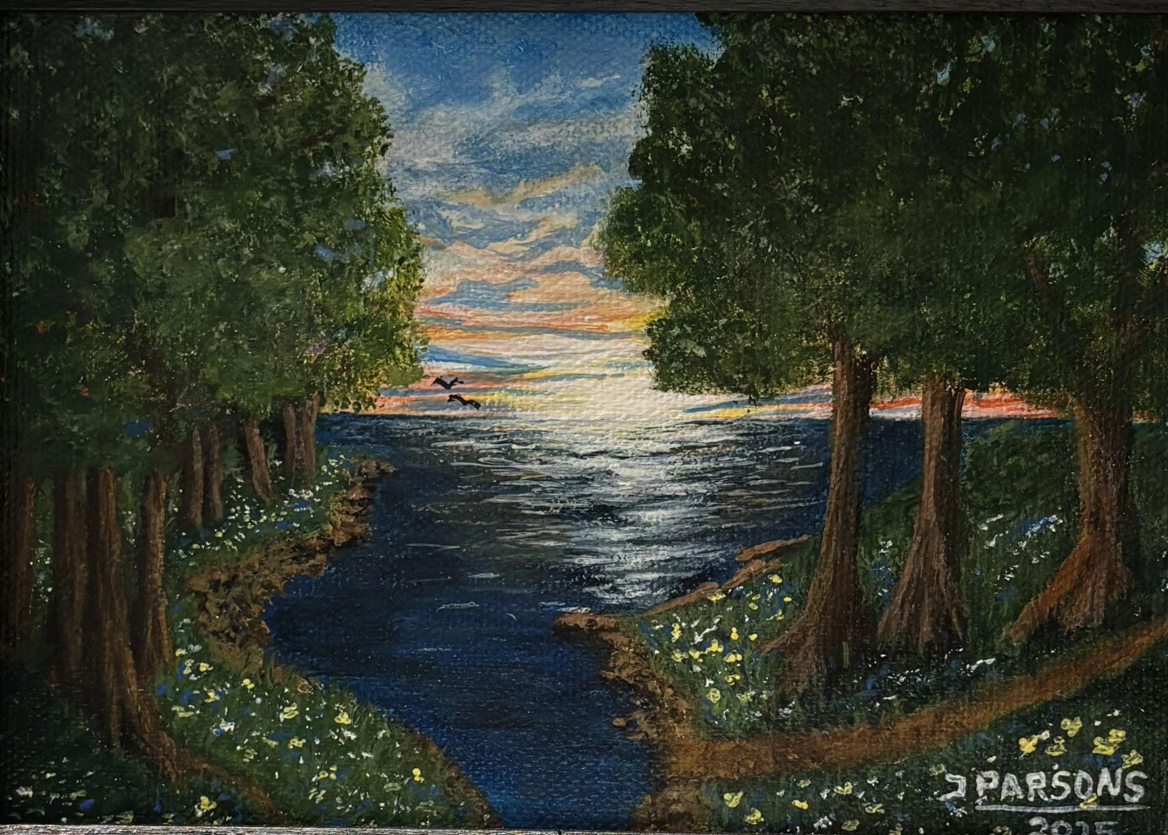 Title: Meadow Bay 
5 × 7 inches 
Acrylic on stretched canvas

“Meadow Bay” captures the gentle beauty of a calm waterway framed by lush trees and wildflowers. Soft morning light rises along the horizon, drifting across the sky in warm hues that refle