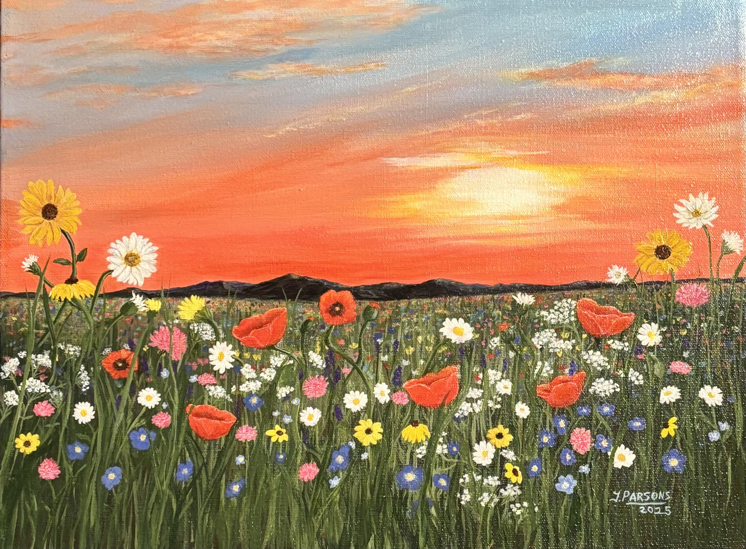 Where the Wildflowers Dance 
12 × 16 inches 
Acrylic on stretched canvas

A vibrant celebration of color and movement, where wildflowers lift toward the warm glow of sunset.