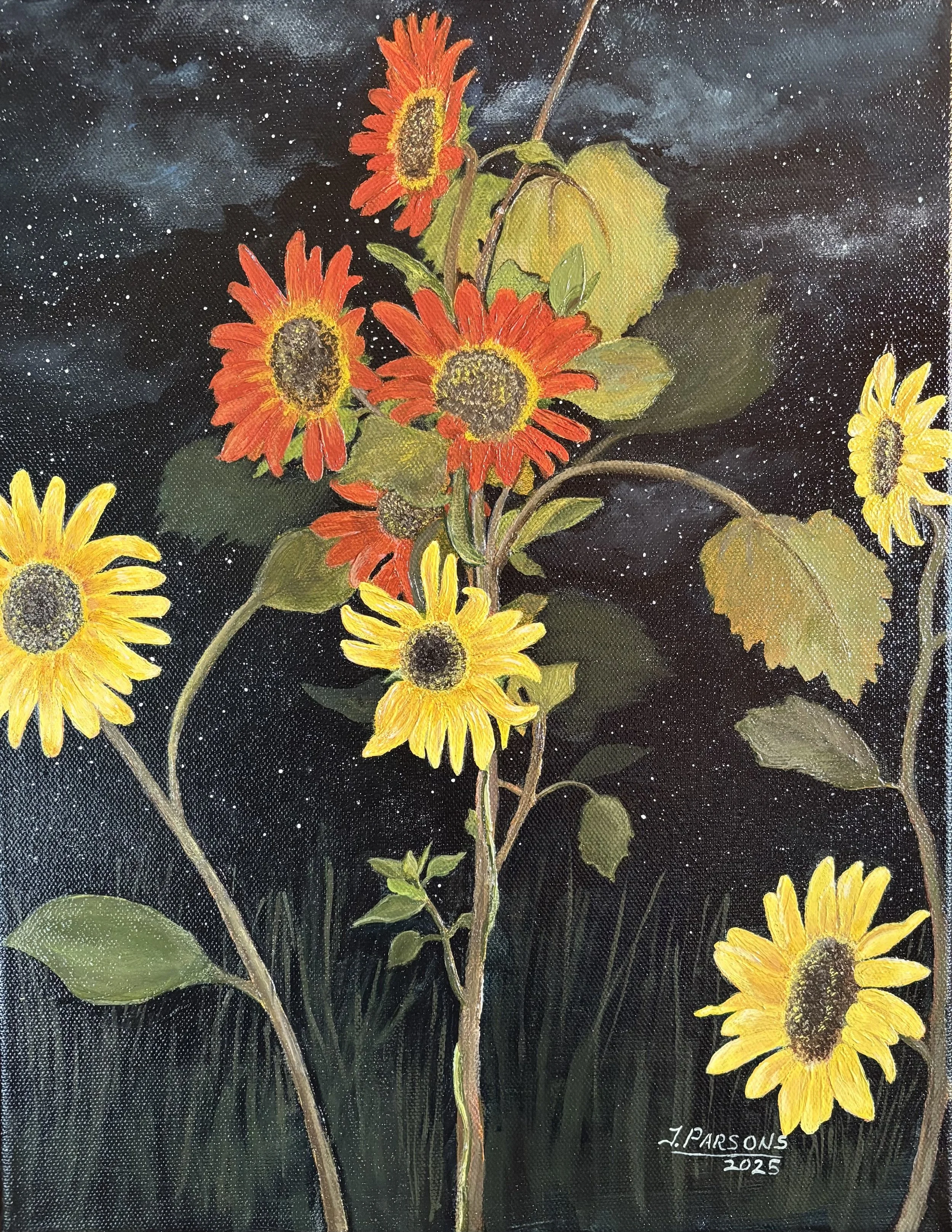 Star Kissed Sunflowers 
14 × 11 inches 
Acrylic on stretched canvas

Sunflowers glowing against a quiet night sky, blending warmth, contrast, and gentle celestial mystery.