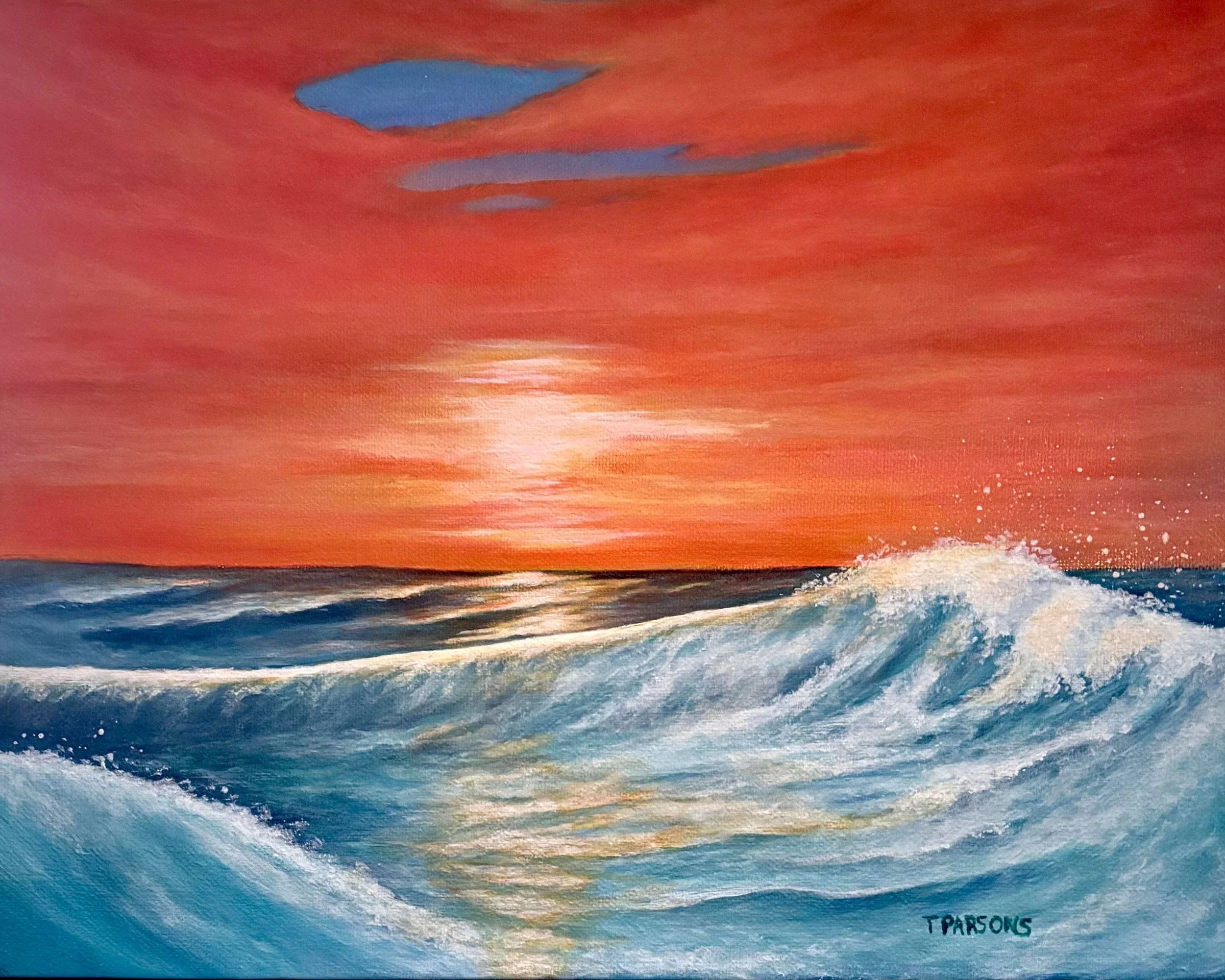 An impressionistic painting titled "Radiance" exhibits a sunset over the ocean with a reddish-orange sky, some blue clouds, and waves crashing on the shore. The painting is signed in the bottom right corner by T. Parsons.