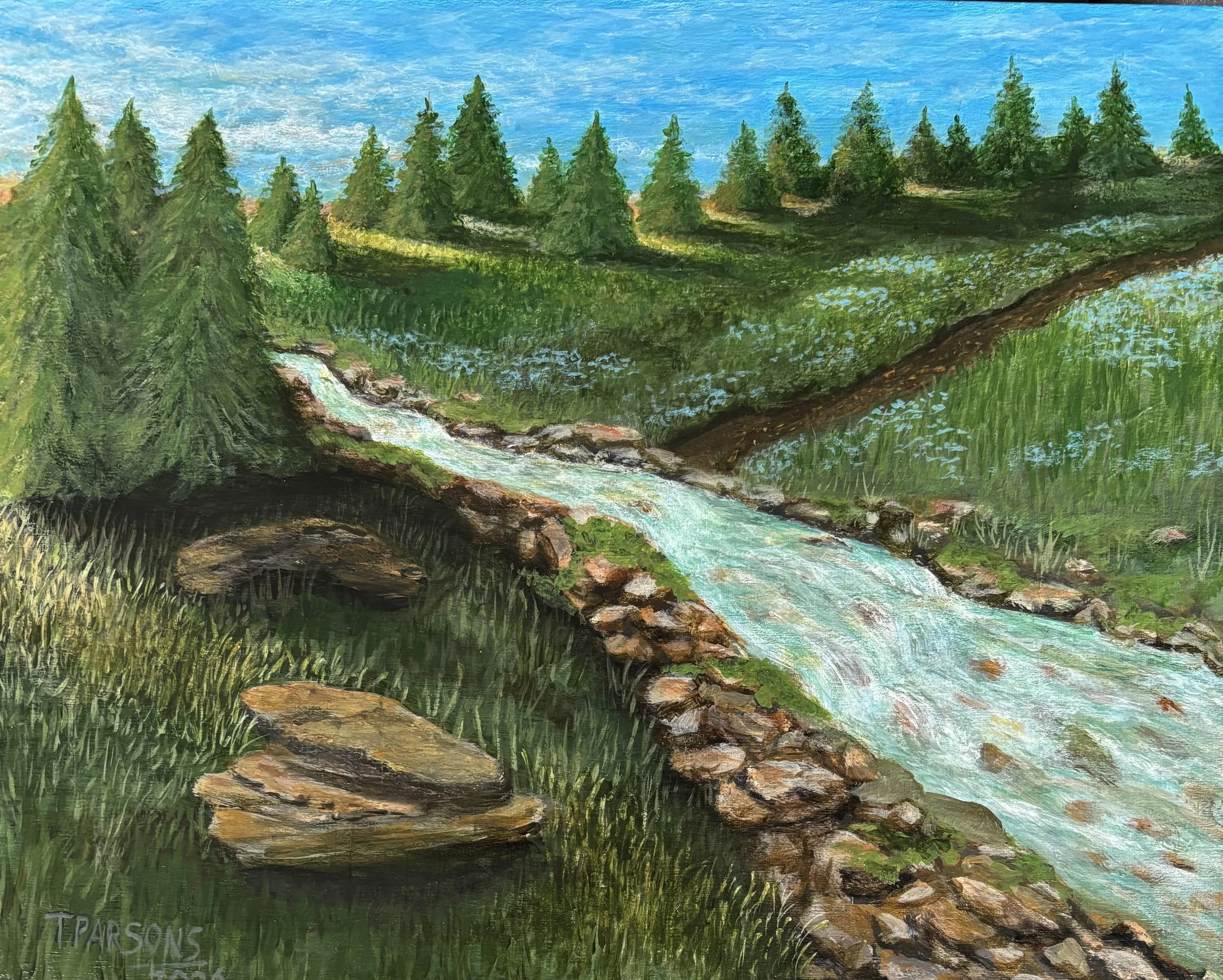Title: Stillness in Motion 
8 × 10 inches 
Acrylic on wood panel

“Stillness in Motion” reflects the peaceful rhythm of a clear day in nature. A winding stream flows softly between sunlit rocks and bright meadow grasses, guiding the viewer toward a d