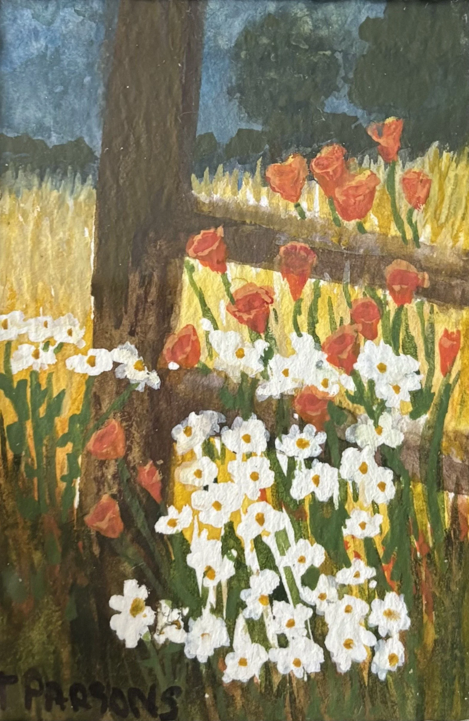 A painting of a nature scene with a large tree trunk on the left, yellow bushes in the background, and red and white flowers in the foreground, possibly poppies and daisies.