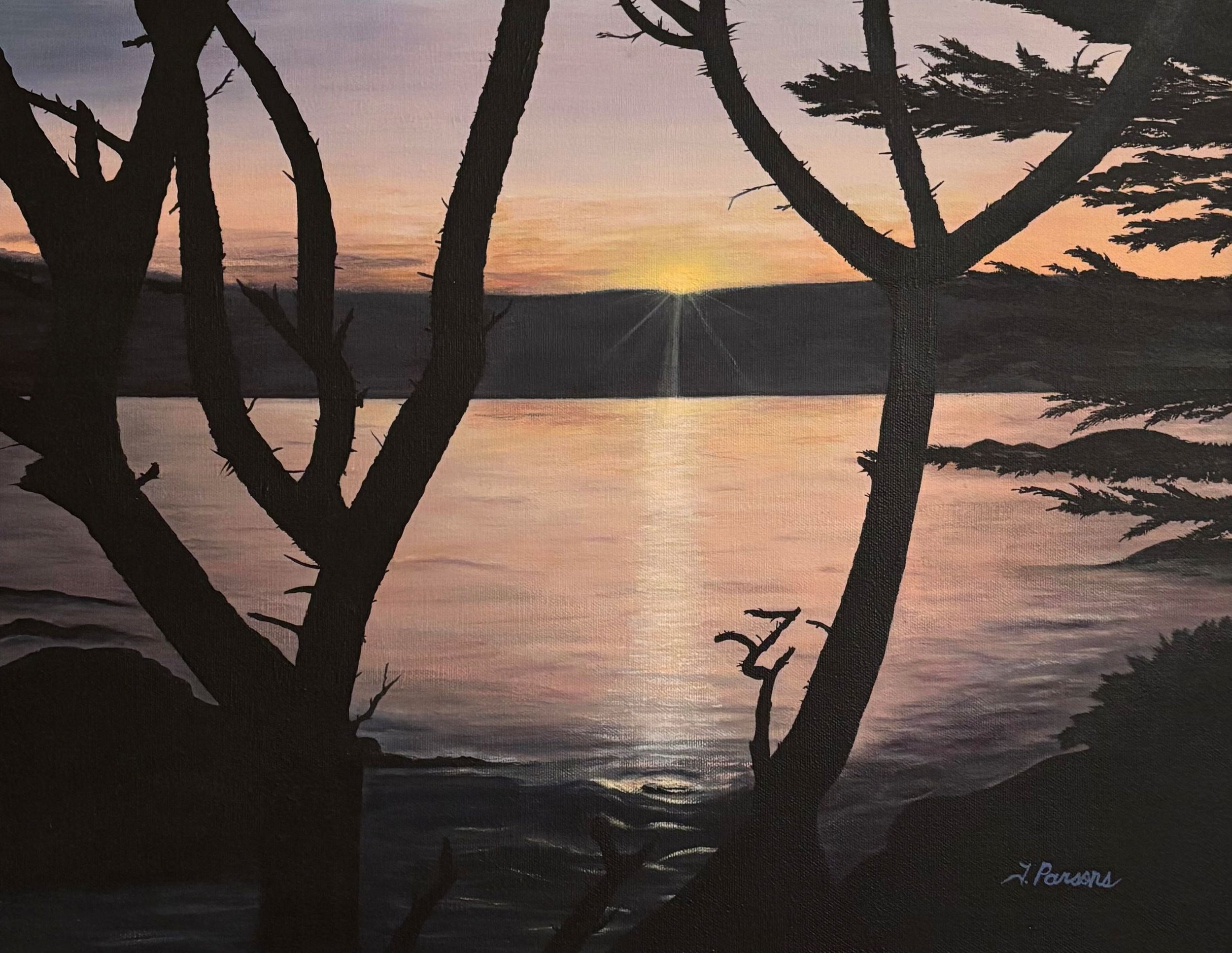 Sunset on Monterey Bay 
16 × 20 inches 
Acrylic on stretched canvas

A glowing coastal sunset framed by quiet silhouettes, capturing a moment of calm along the Monterey shoreline.