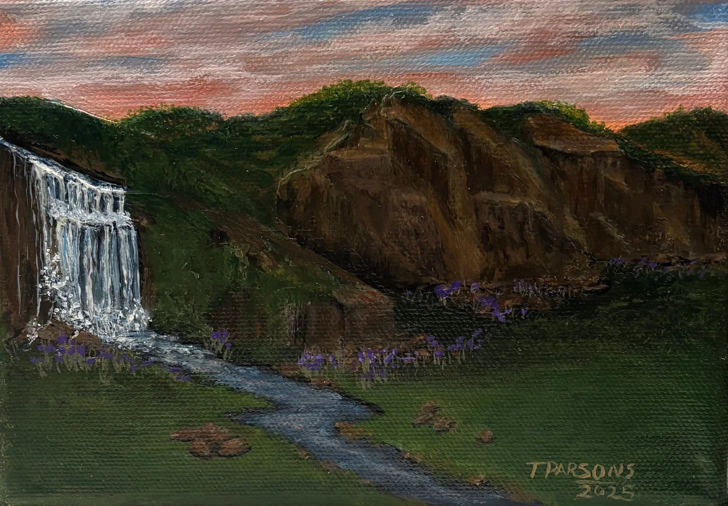 Title: Cascading Beauty 
5 × 7 inches 
Acrylic on stretched canvas

“Cascading Beauty” captures the peaceful rhythm of water flowing over rugged stone into a quiet stream below. Soft hues of pink, gold, and blue drift across the sky, casting a warm g