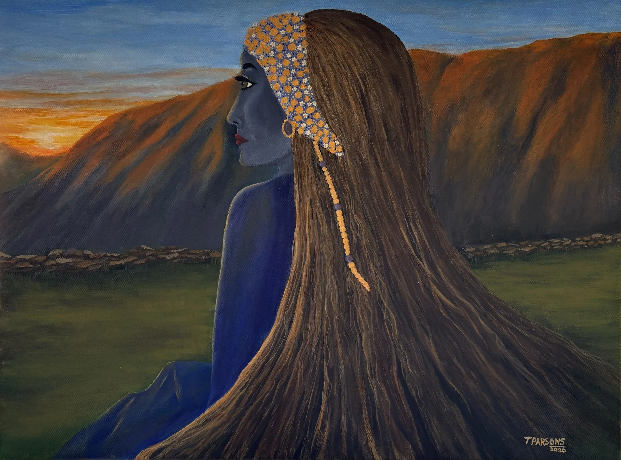 She Who Sits With the Mountains  
24 x 18 Inches
Acrylic on stretched canvas

A quiet, contemplative portrait where a blue‑toned figure meets the warm glow of a setting sun. Her beaded adornments and serene posture echo the strength of the mountains 