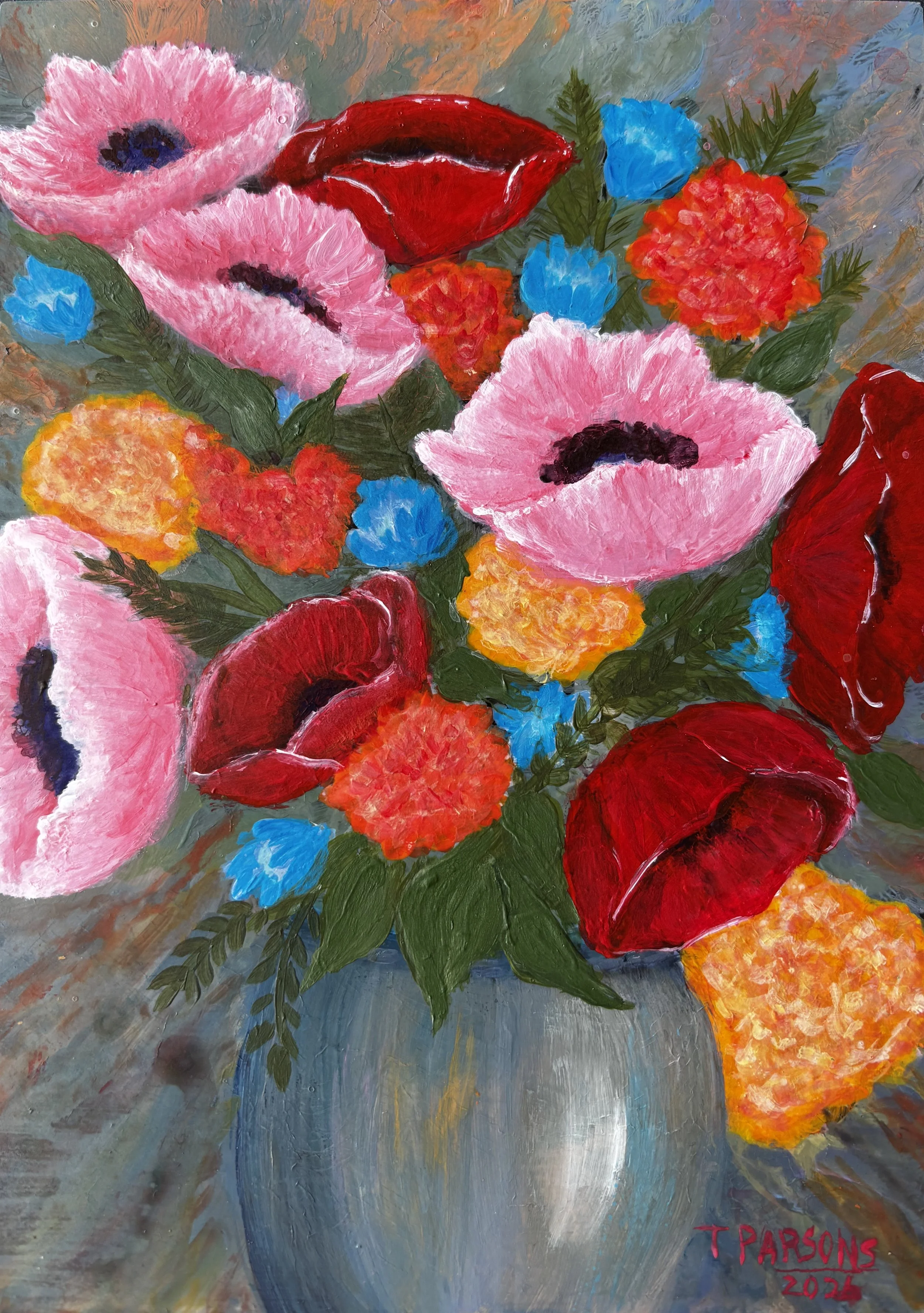 Title: Whispers of the Garden  
9 x 11 inches (Framed)  
Acrylic on Glass

Whispers of the Garden, part of my Painted on Glass — Whisper Series, was inspired by quiet moments in nature where color and light feel soft, intimate, and unhurried. Painted