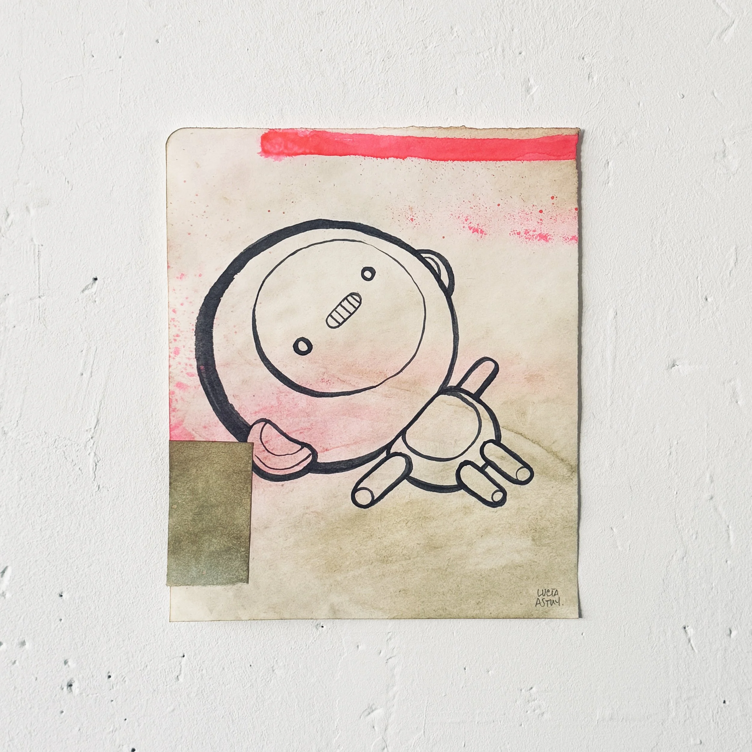 Dibujo de un robot con líneas negras, con fondo de acuarela en tonos rosa y verde, firmado por Lucía Astuy.