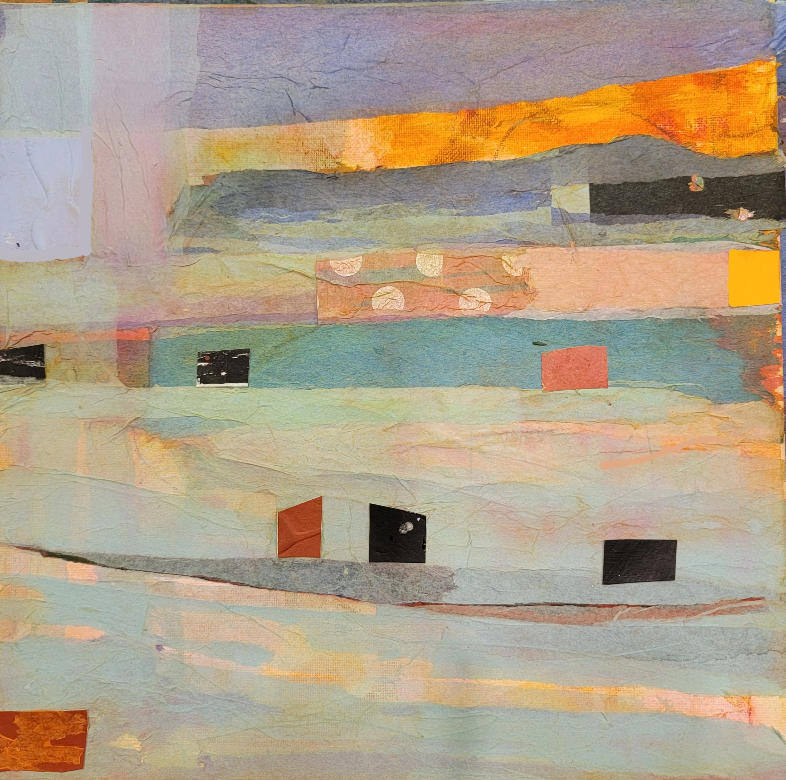 Abstract collage art with pastel, purple, orange, black, and red colors, featuring mixed media textures and geometric shapes.