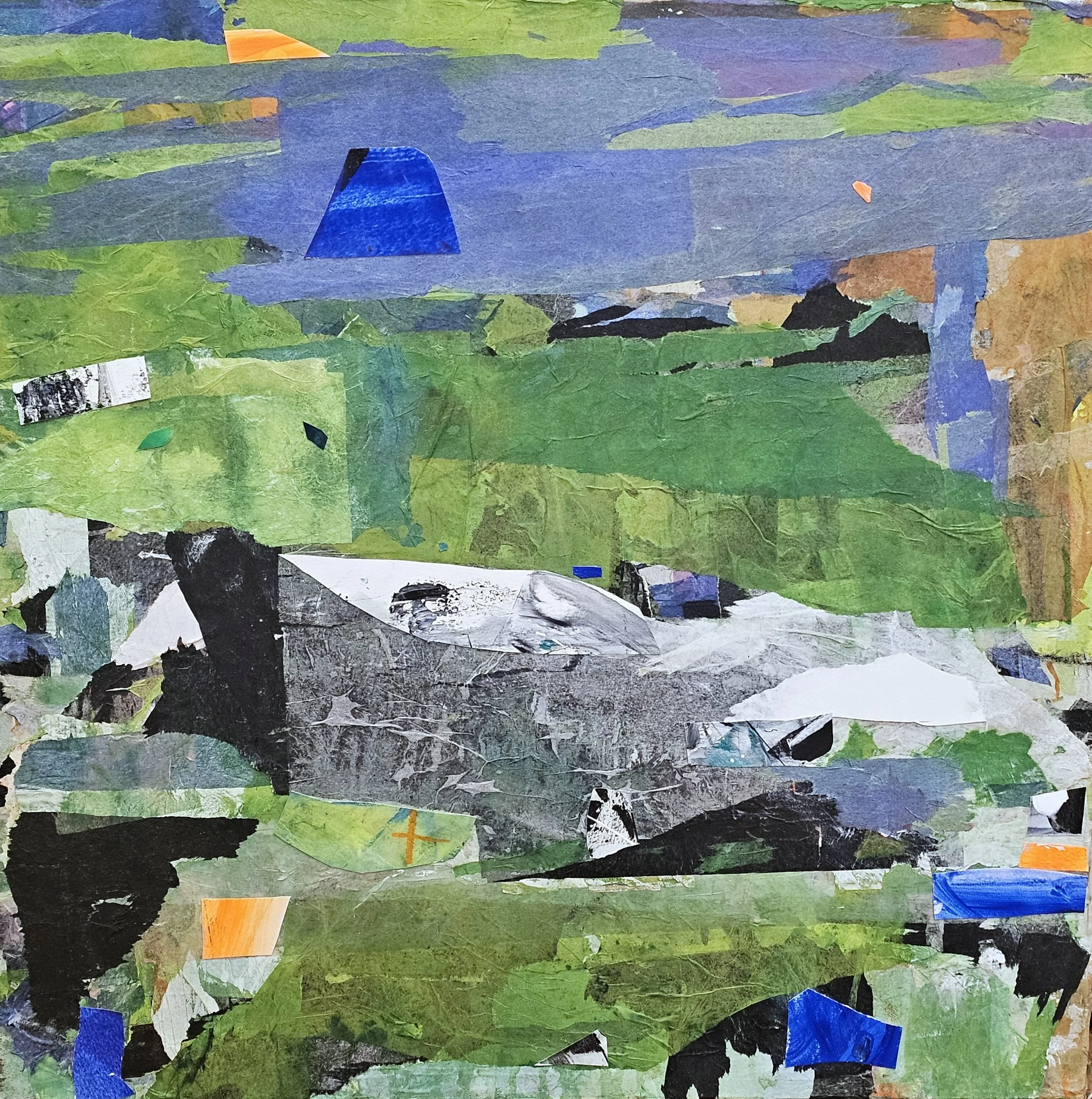 Abstract collage of torn colored paper with shades of green, blue, black, gray, and hints of orange and white.