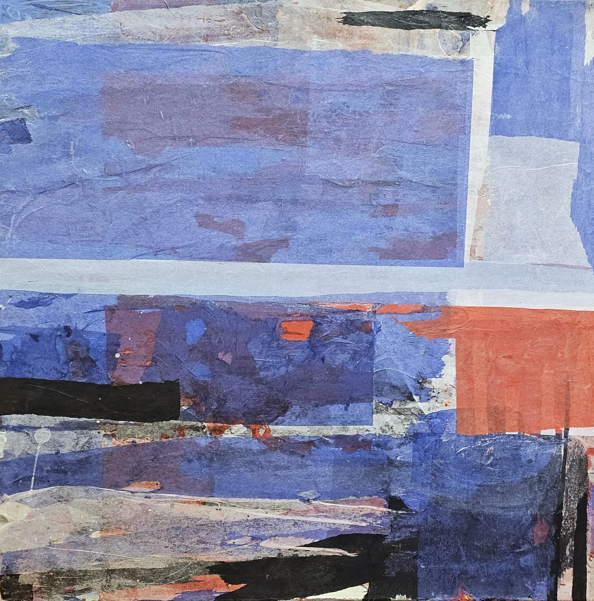 Abstract collage consisting of layered torn paper and paint in shades of blue, gray, black, and red, creating a textured, geometric pattern. Abstract landscape depicting a cargo ship navigating the St. Lawrence River in winter.