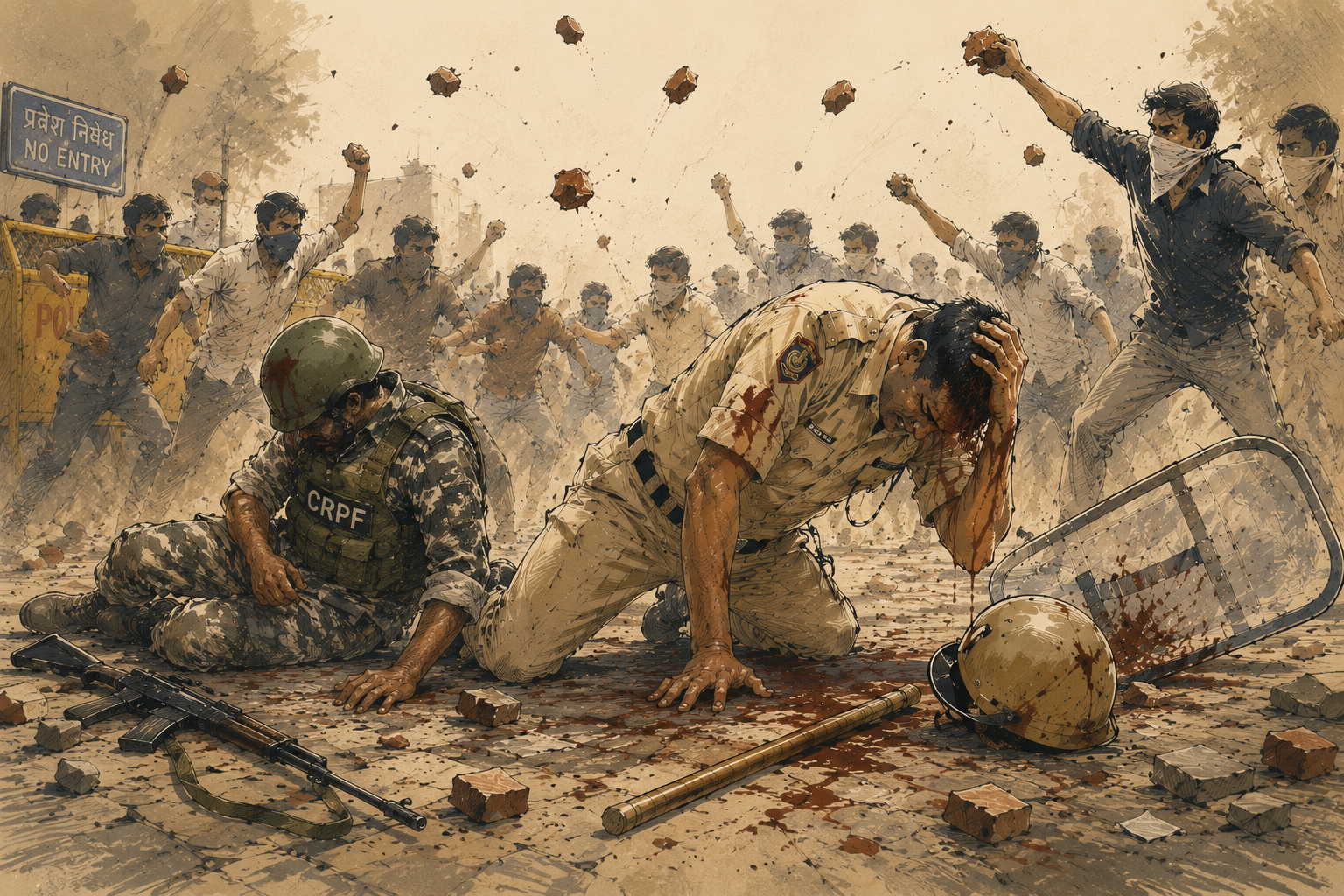 Illustration of injured police officers on the ground during the 20 July 2026 Jantar Mantar protest clash, with a crowd throwing bricks in the background