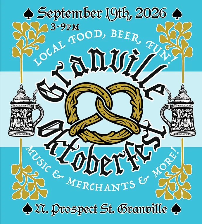 Event poster for Granville Oktoberfest on September 19th, 2026, from 3 to 9 PM, featuring local food, beer, fun, music, and merchants at 27 Prospect St., Granville. The poster has a beer mug illustration, a pretzel in the center, and decorative oak leaves.