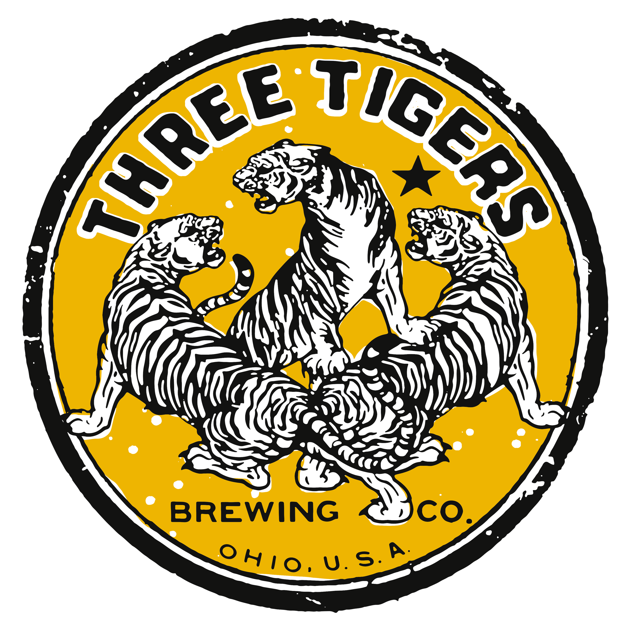 Logo of a brewery company featuring a tiger inside a circular badge with the words "Three Tigers Brewing Co." and "Ohio U.S.A." on a yellow background with black and white details.
