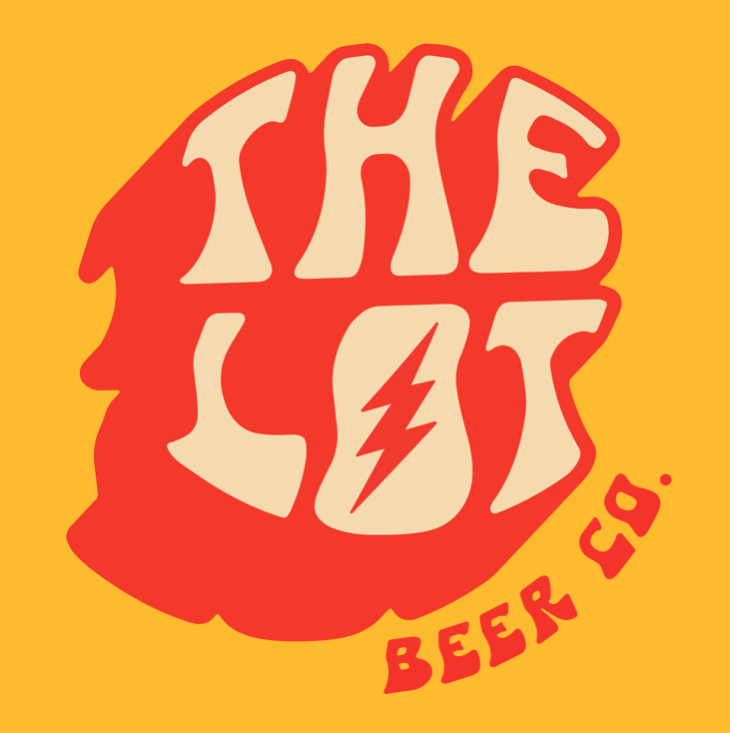 Logo for The Lot Beer Co., featuring a stylized face silhouette with the words 'The Lot' inside in a retro font, and a lightning bolt symbol below, on a yellow background.