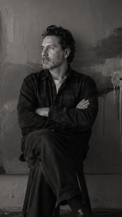 A man with curly hair, beard, and mustache sitting on a stool against a textured wall, looking to the left with crossed arms, wearing a dark plaid shirt and jeans, in black-and-white photo.
