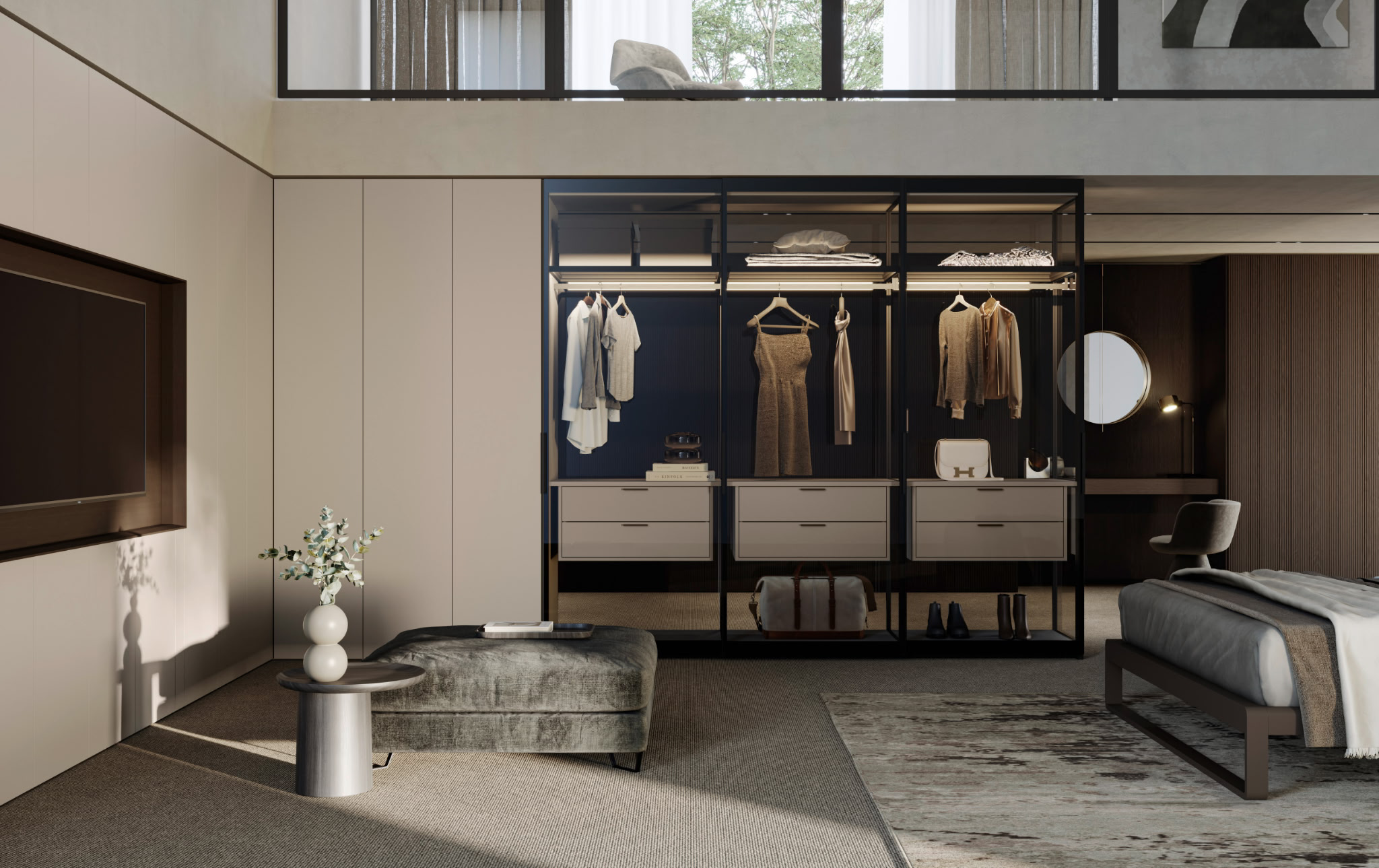 Modern bedroom with a two-level open wardrobe containing clothes, accessories, and books, a gray armchair with a throw pillow, a small black table with a vase and flowers, a mirror, a bed with a gray blanket, a wooden-paneled wall, and a window with 