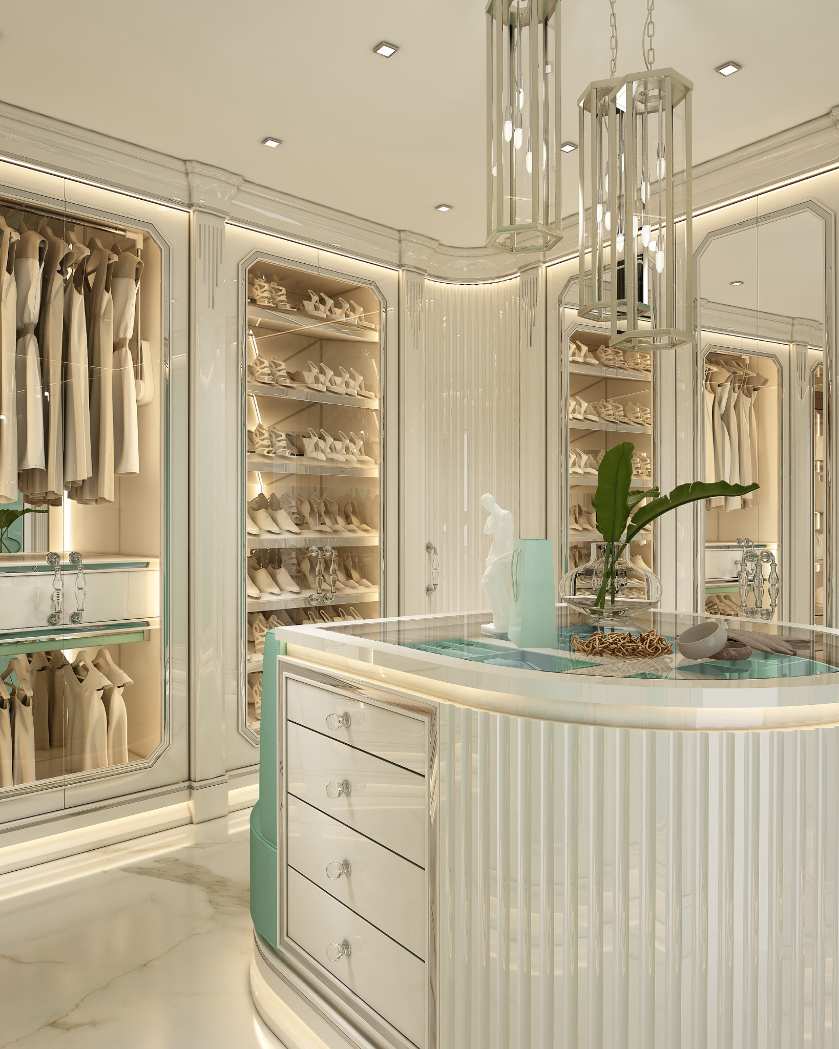 Luxury boutique shoe store interior with glass display shelves filled with white high-heeled shoes, mirrored cabinet doors, and elegant decor including a glass-top table with a decorative plant and jewelry, illuminated by modern lighting.